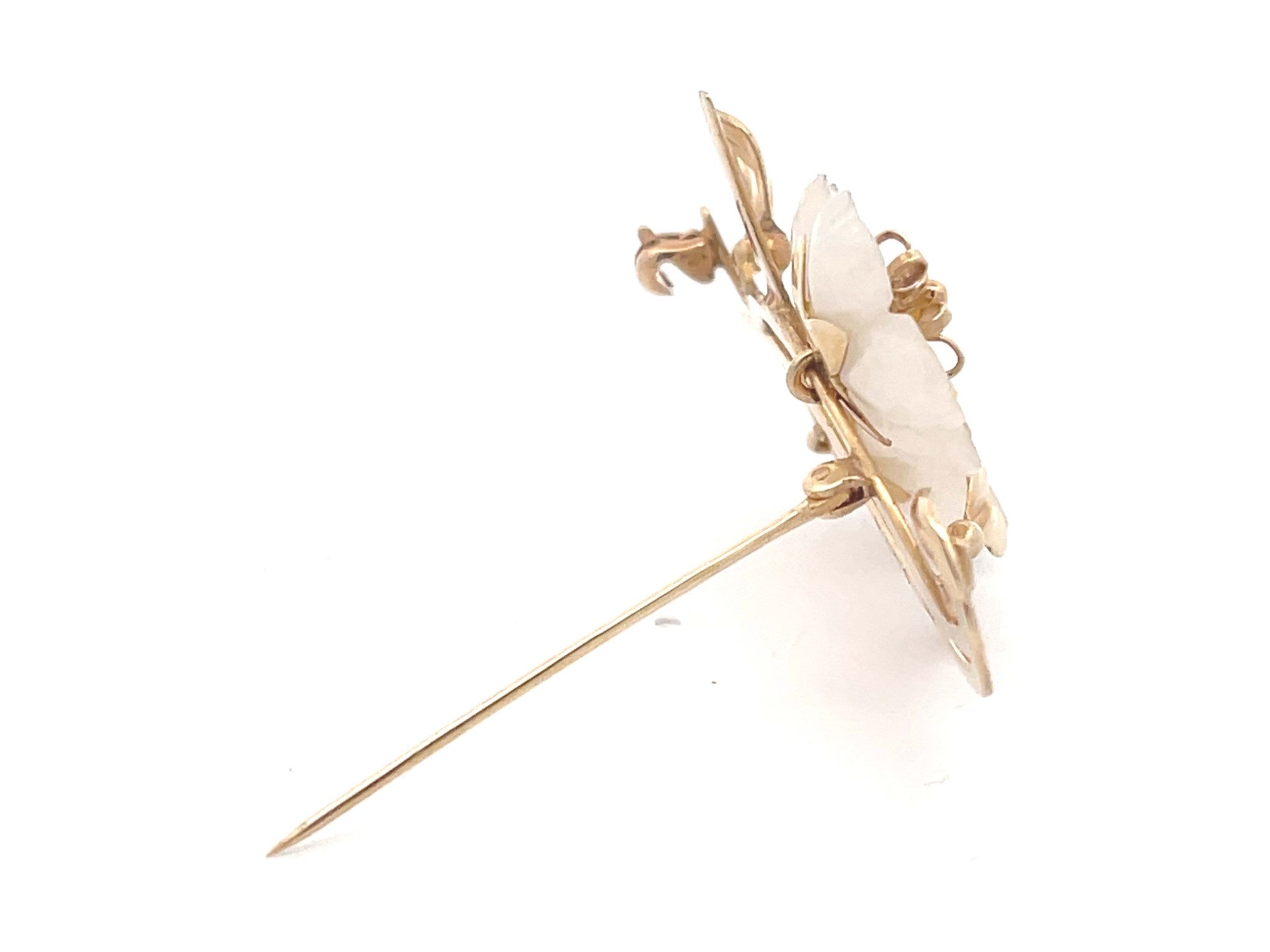 Mings Carved White Jade Flower Brooch in 14k Yellow Gold