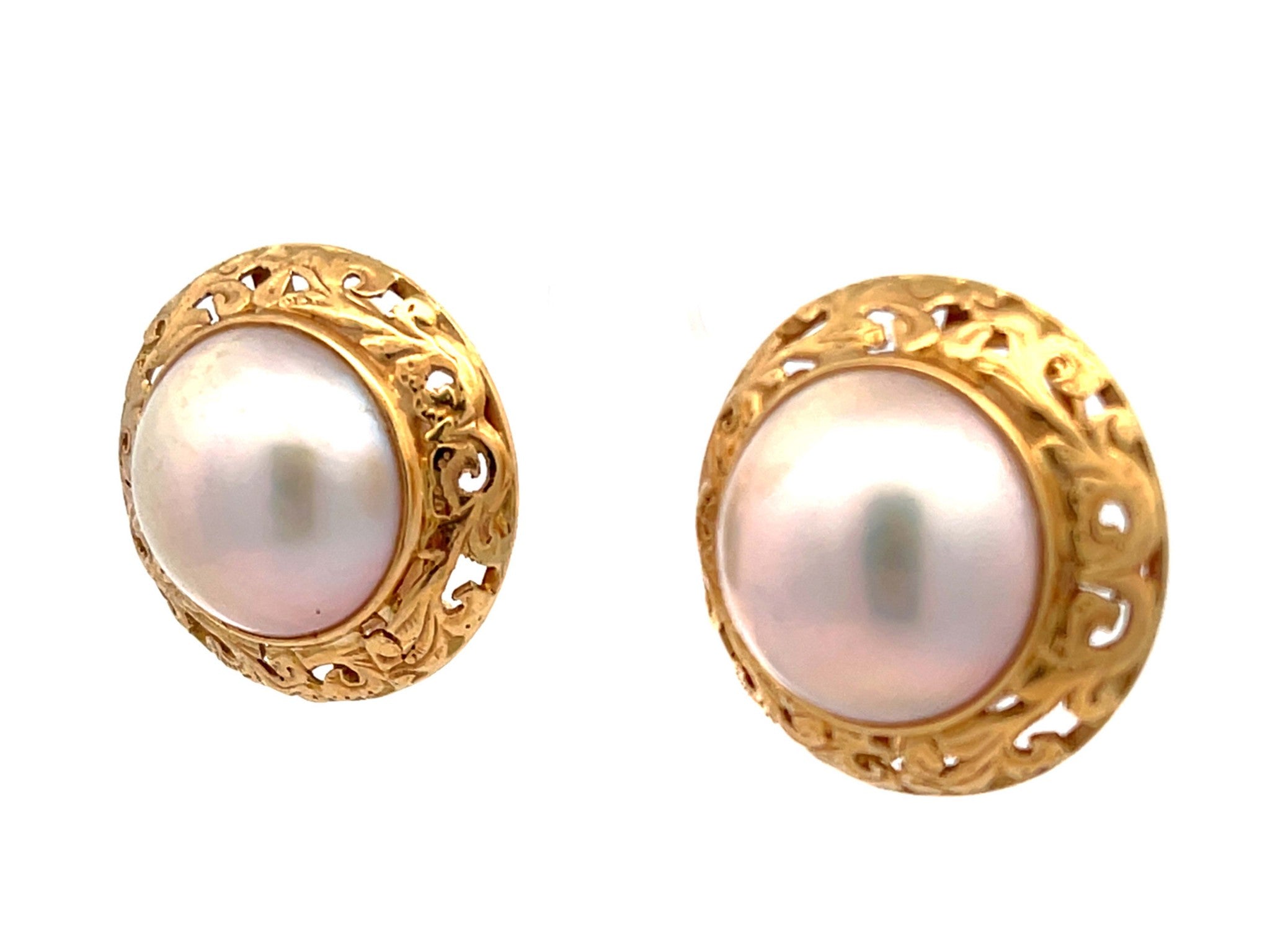 Mings Large Mabe Pearl Gold Carved Bezel Earrings in 14k Yellow Gold