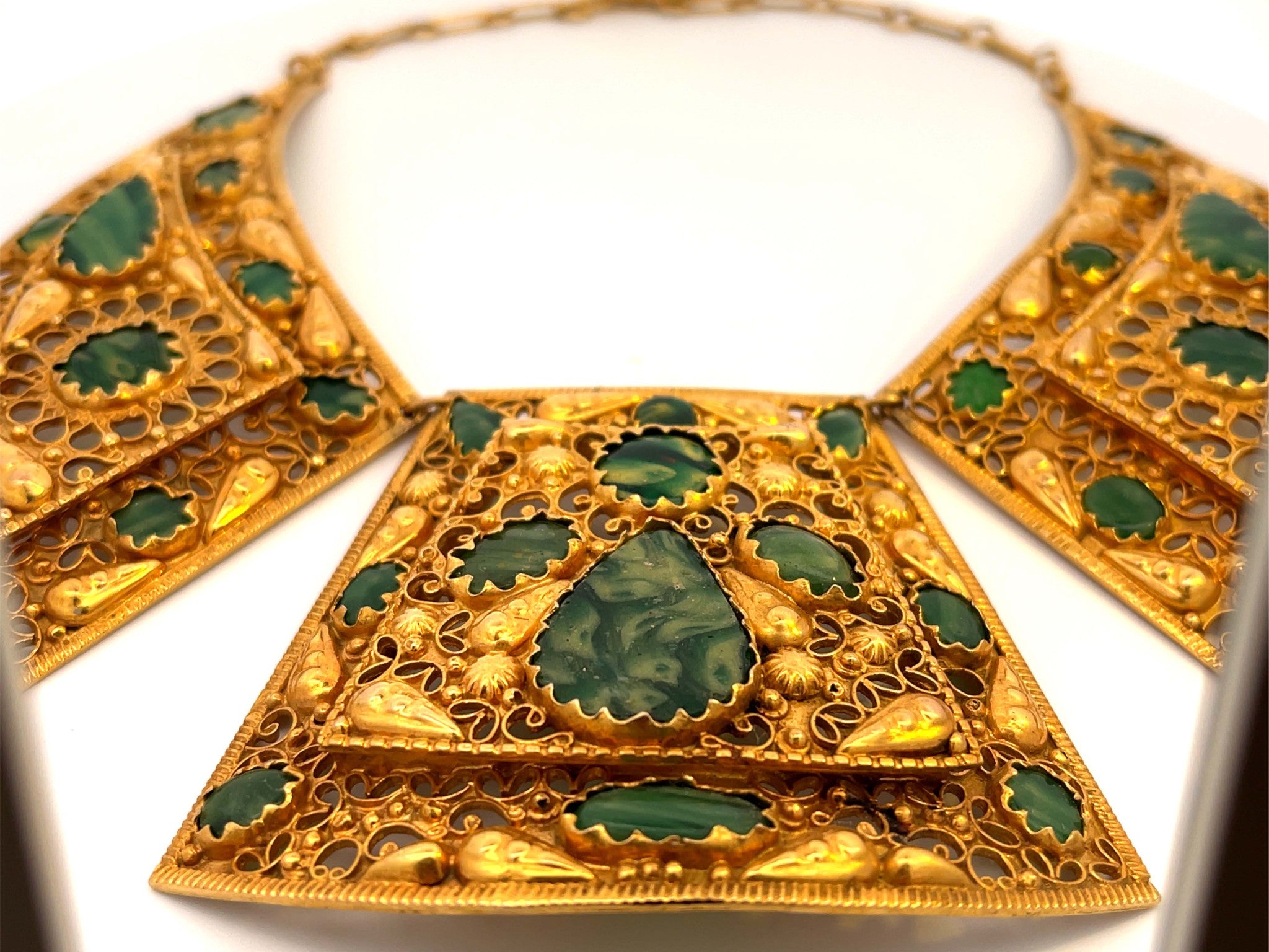Rare Gold Egyptian Necklace with Green Venetian Stained Glass