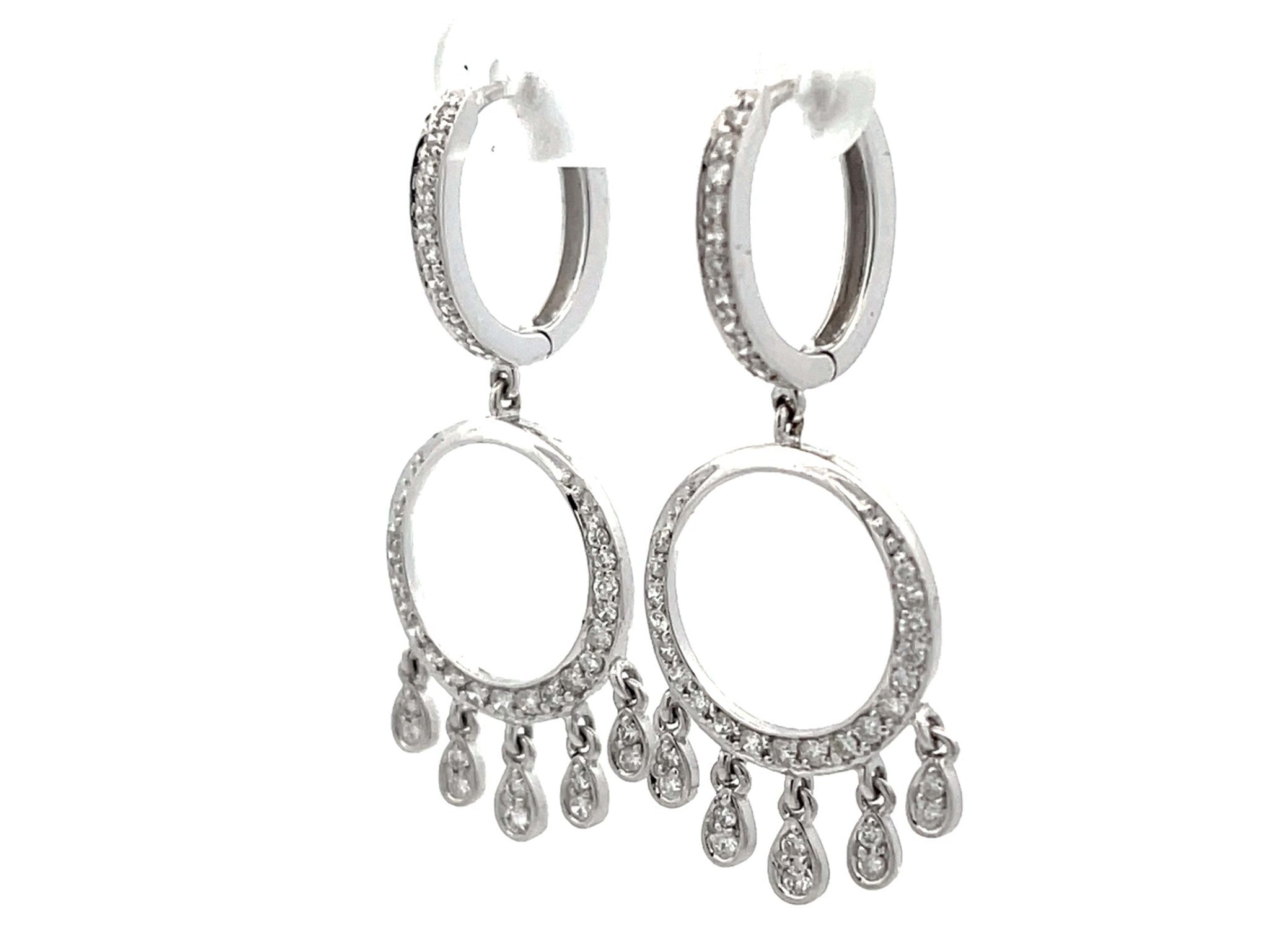 Dangly Diamond Hoop Earrings 18K Solid White Gold