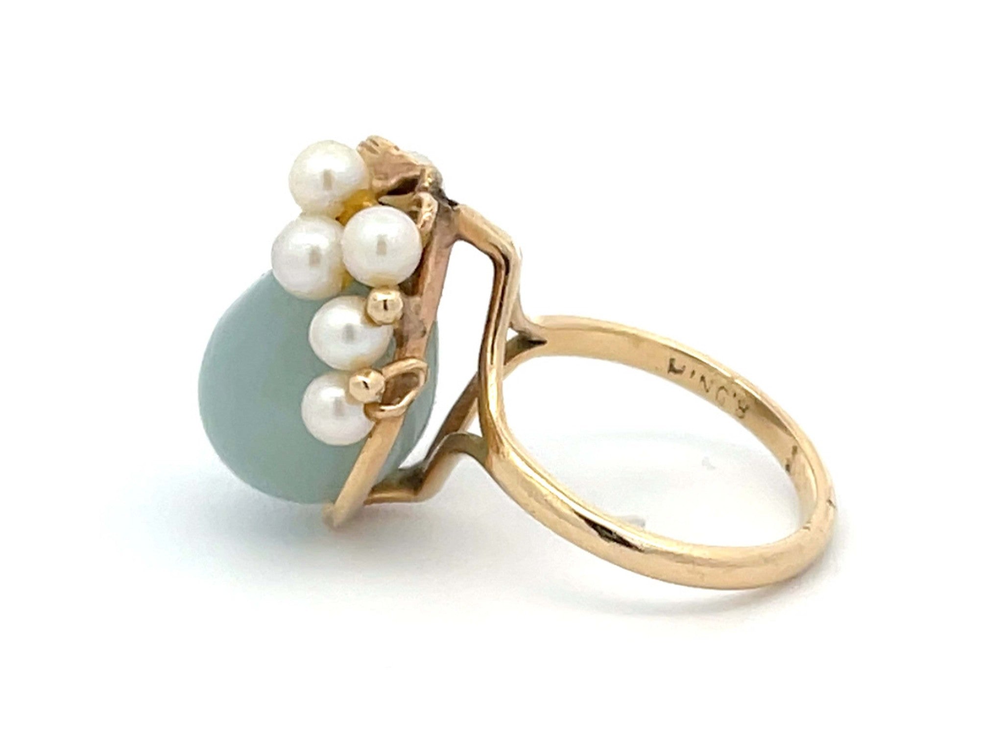 Mings Pear Shaped Jade and Pearl Ring in 14k Yellow Gold