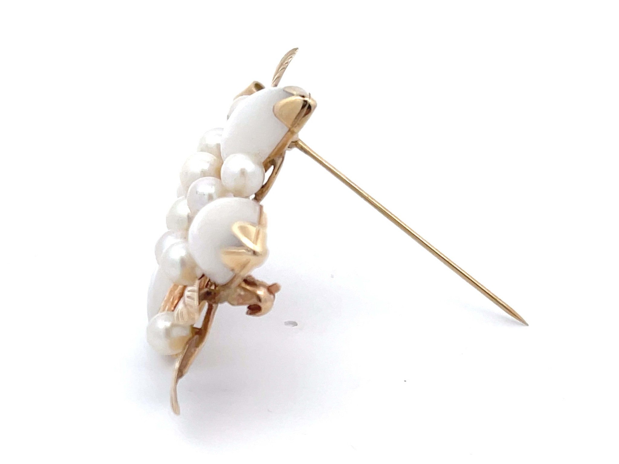 Mings White Jade and Pearl Branch Brooch in 14k Yellow Gold