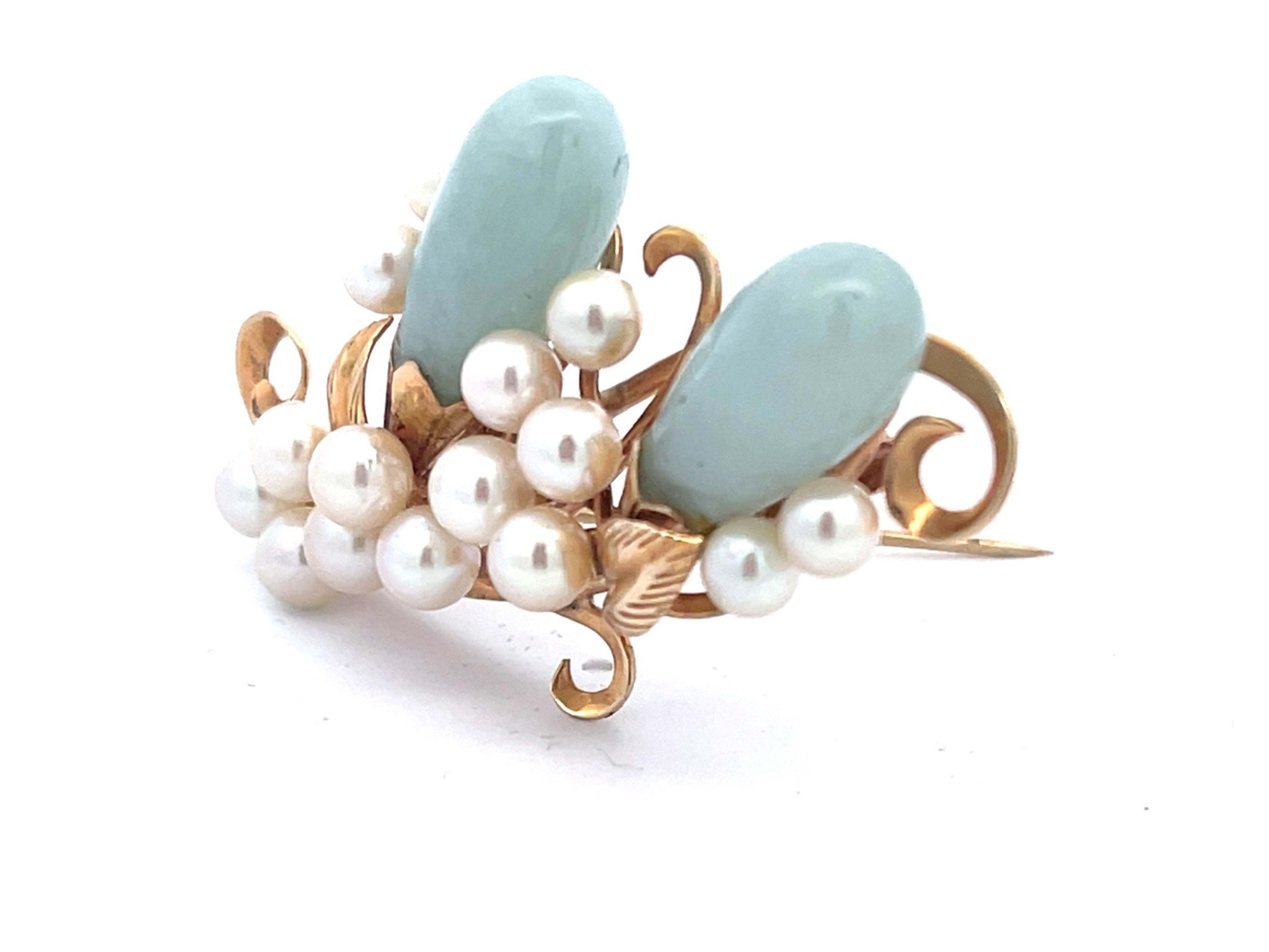 Mings Oval Jade Leaf and Pearl Brooch in 14k Yellow Gold