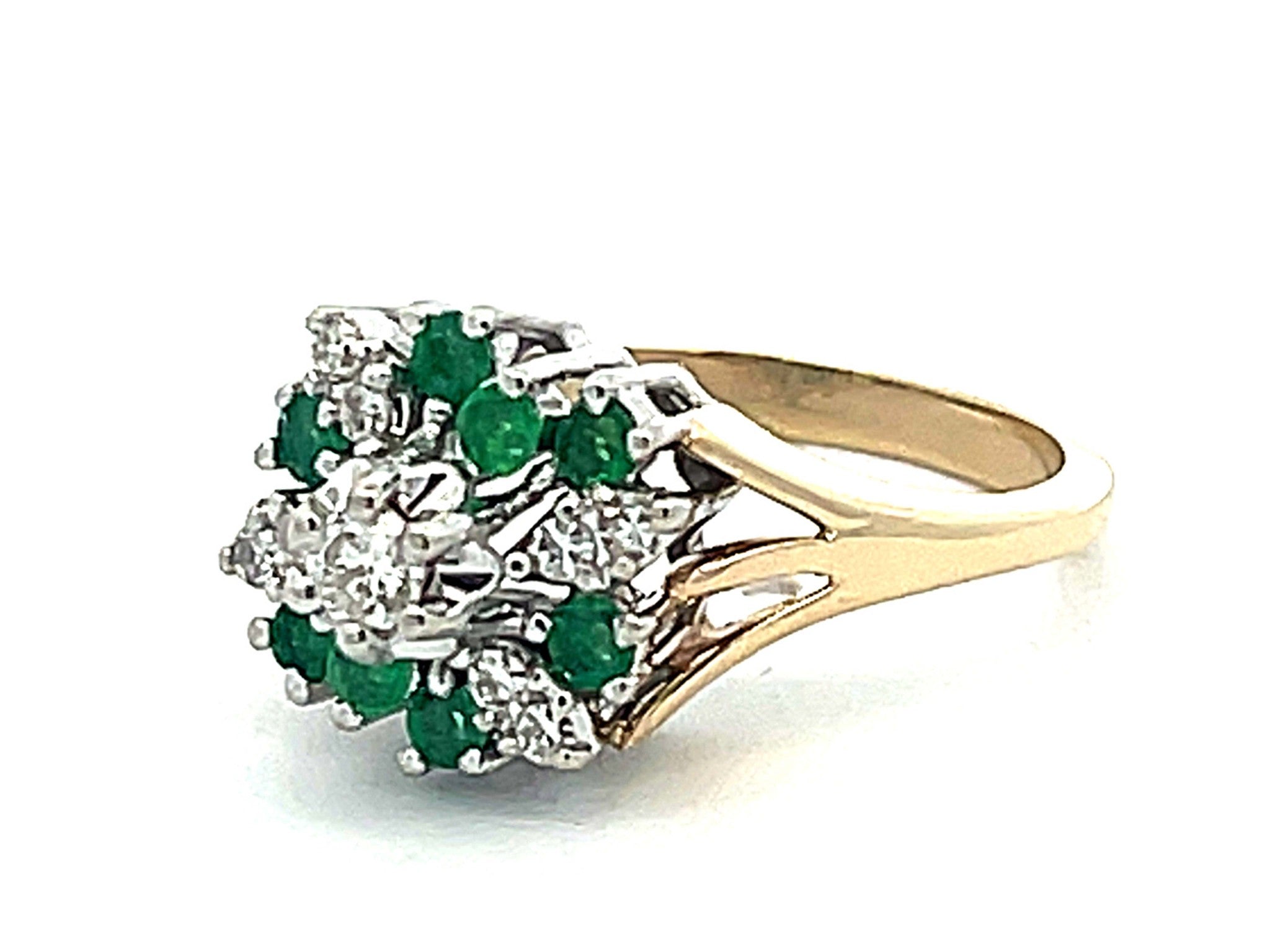 Green Emerald and Diamond Cluster Ring in 14k Gold