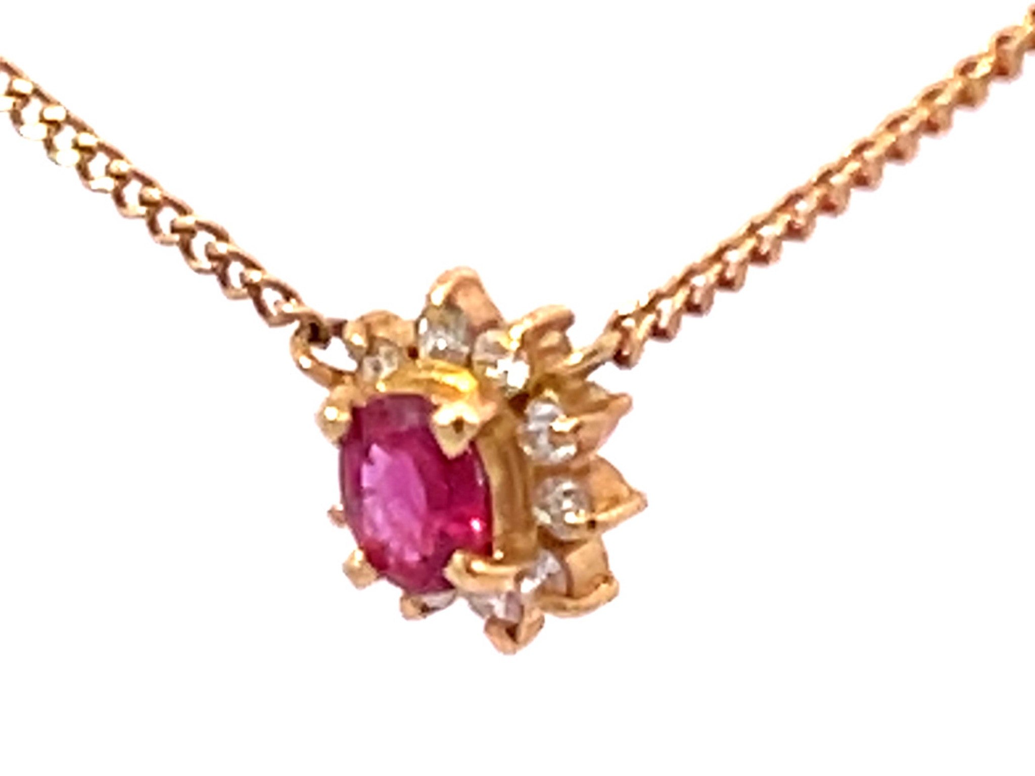 Ruby Diamond Halo Necklace in 18k Yellow Gold