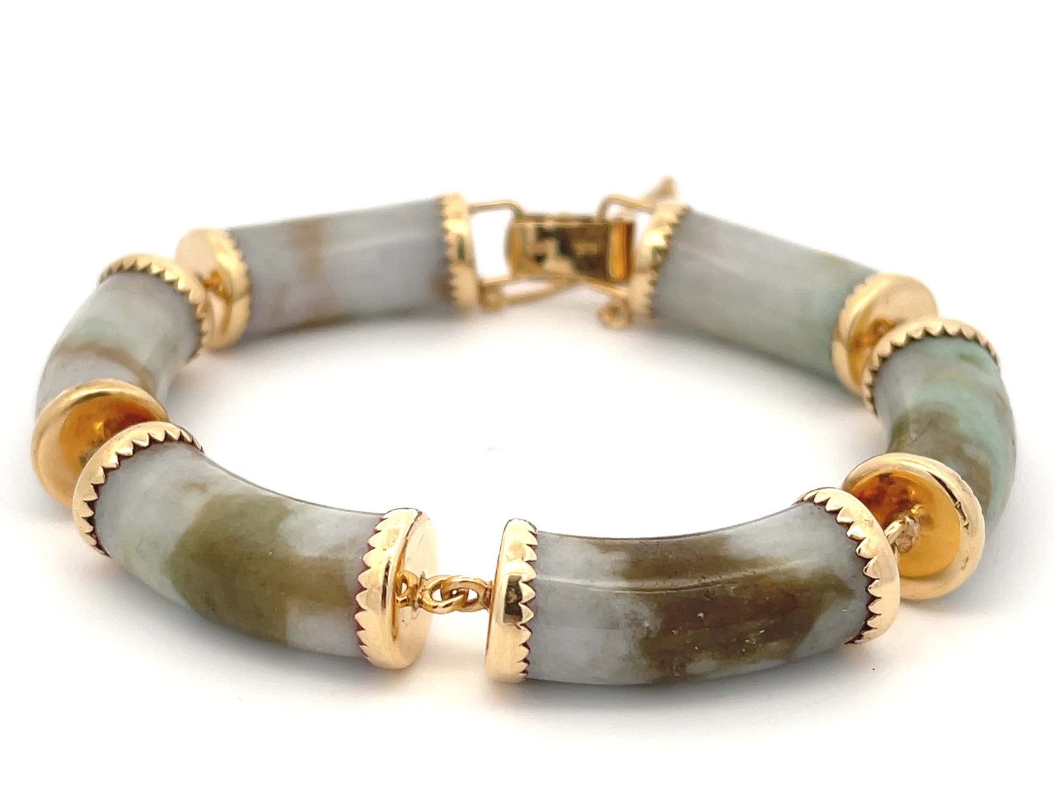 Mings Pale Green and Brown Jade Bracelet in 14K Yellow Gold