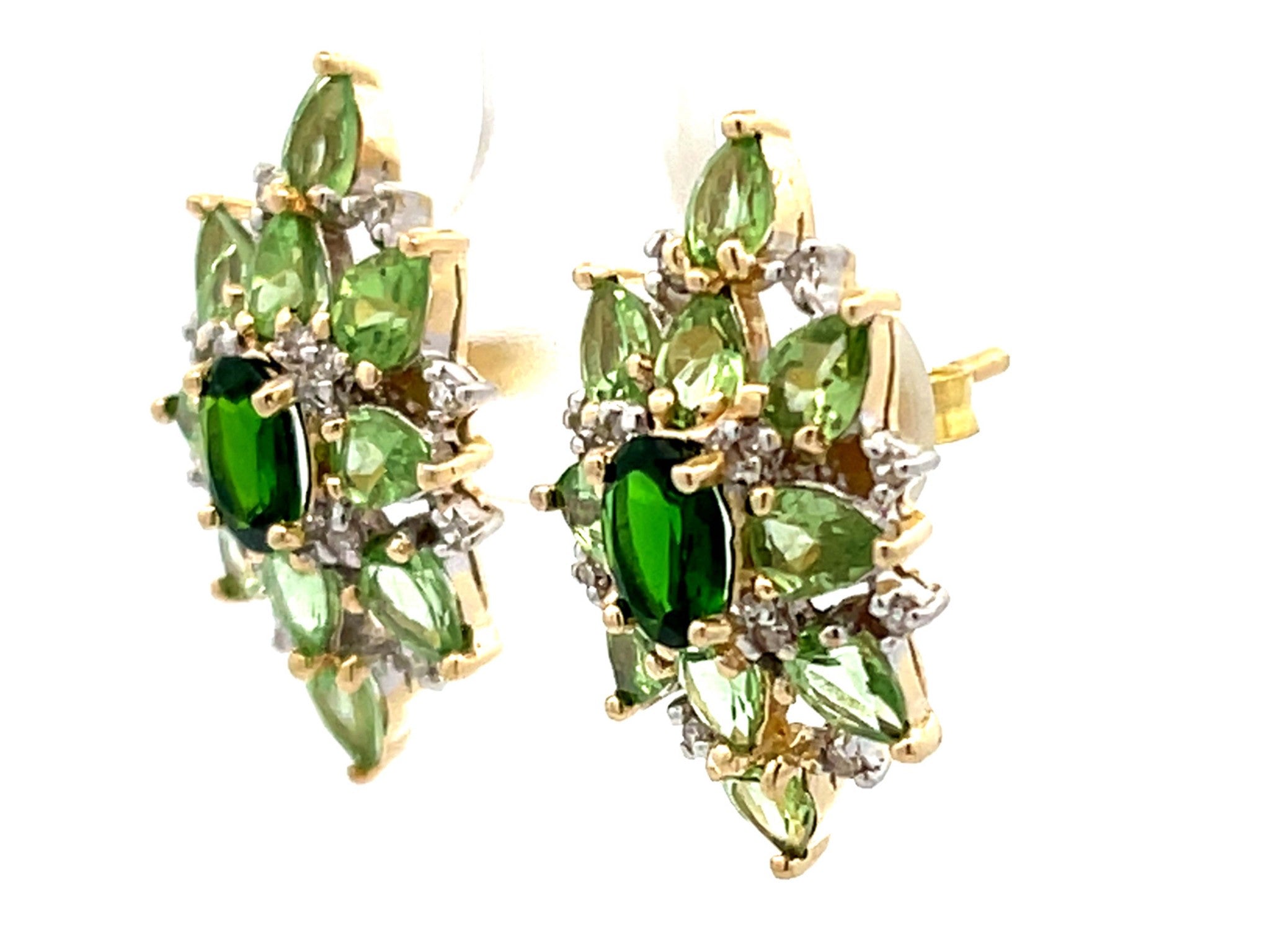 Green Peridot Garnet and Diamond Earrings in 10k Yellow Gold