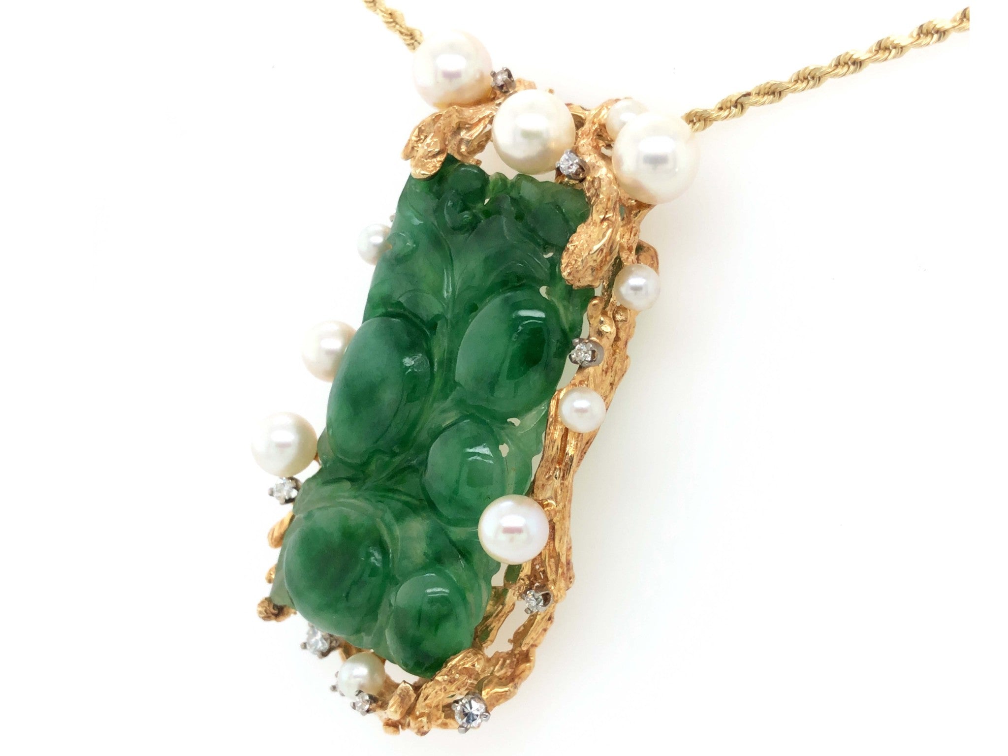 Vintage Carved Green Jadeite Jade, Diamond and Pearl Pendant in 14k Yellow Gold