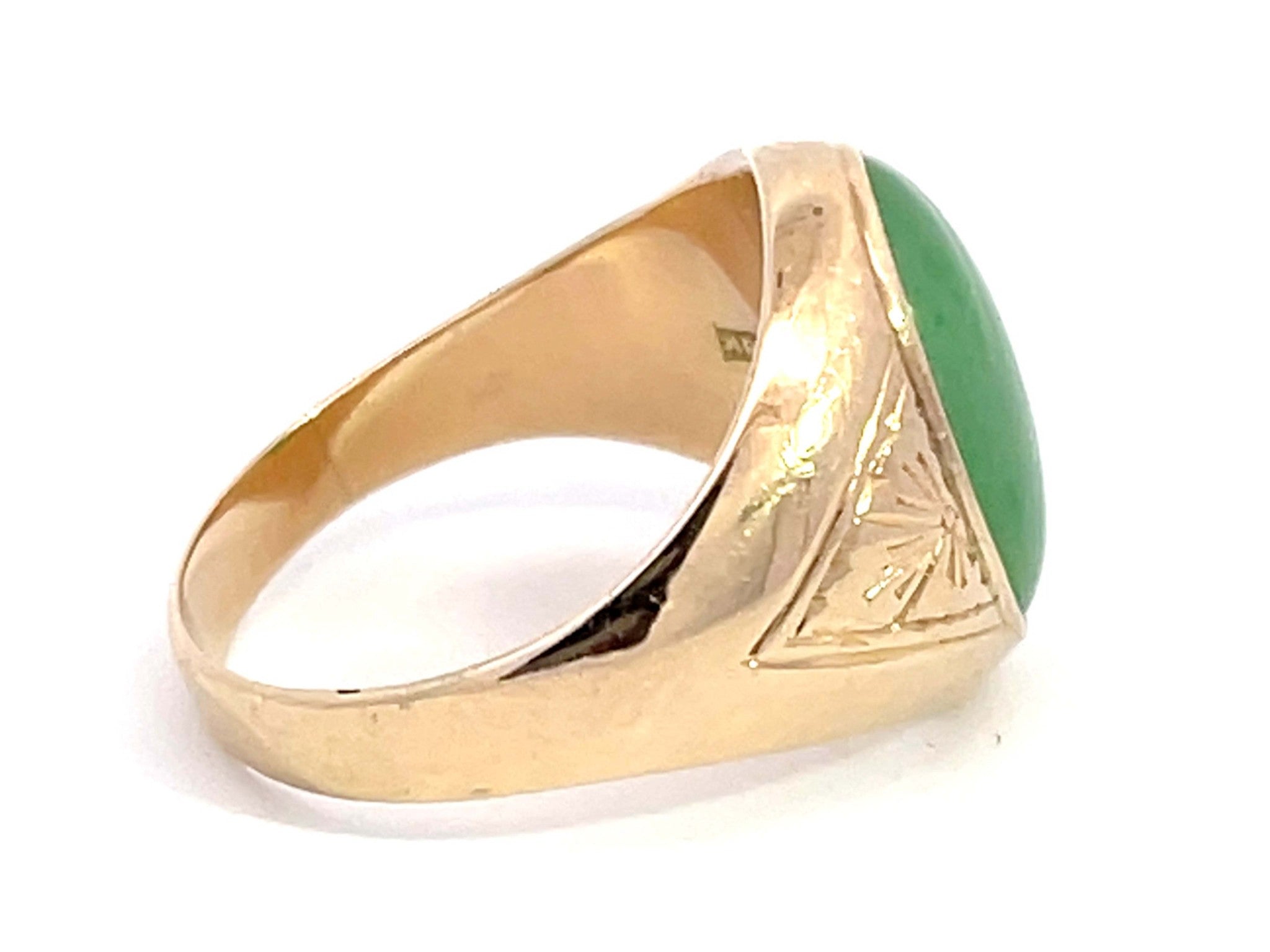 Oval Cabochon Green Jade Ring with Triangle Design Shoulders in 14K Yellow Gold