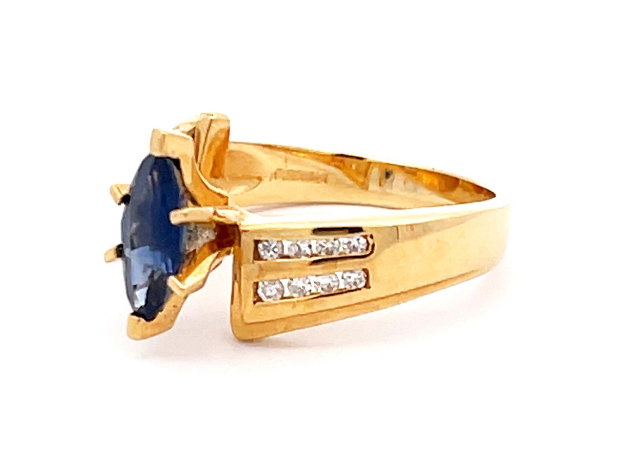 Vintage Marquise Blue Sapphire and Diamond Ring in 14k Yellow Gold