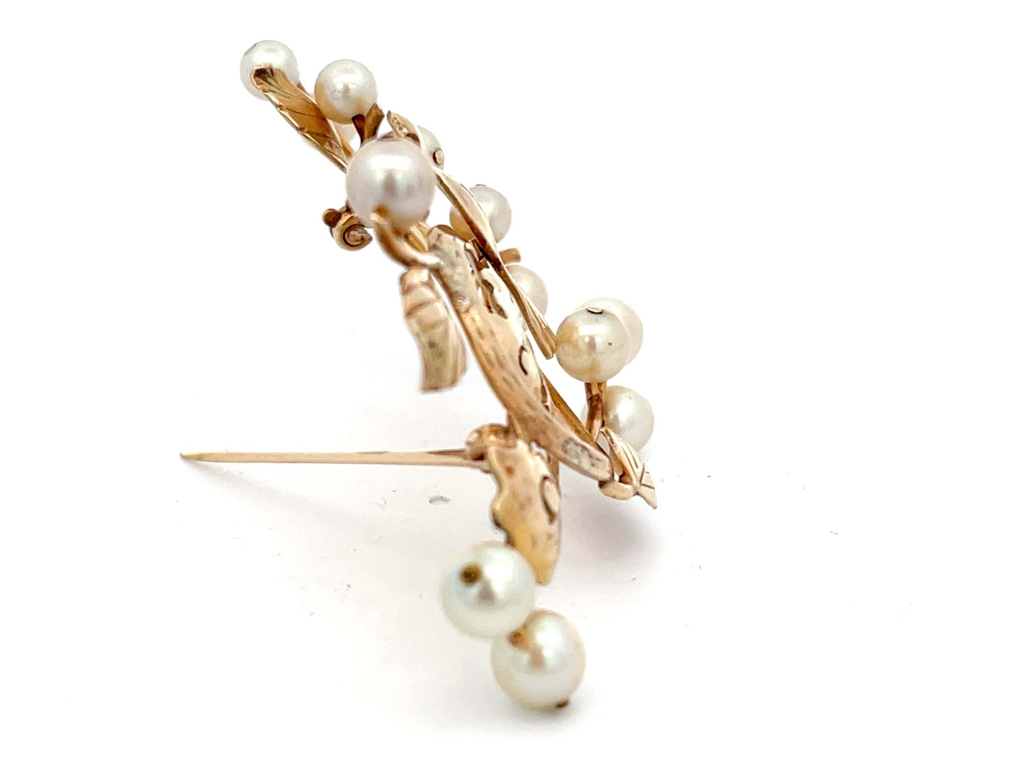 Mings Bird on a Blossom Large Brooch with Pearls in 14k Yellow Gold