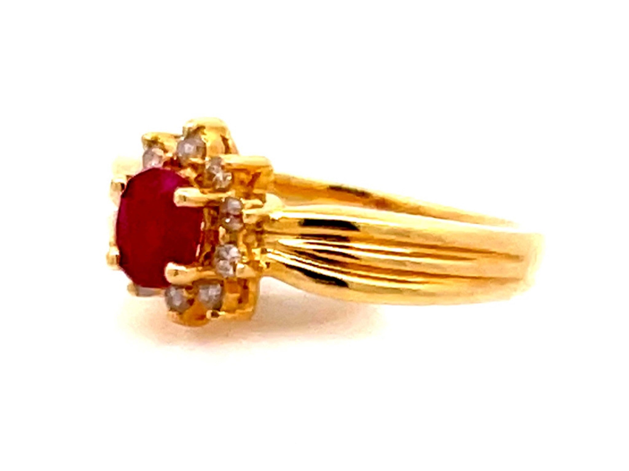 Vintage Ruby and Diamond Flower Ring in 14k Yellow Gold