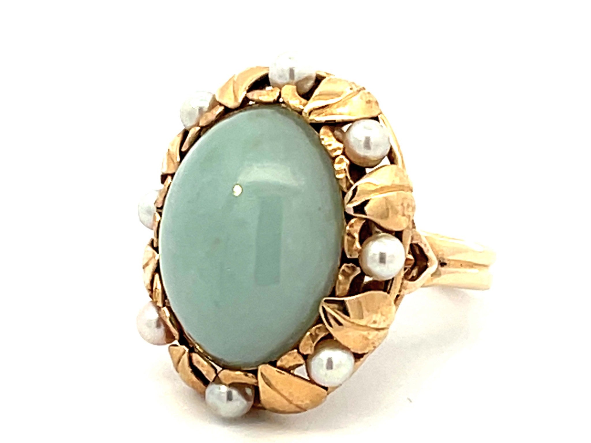 Mings Oval Jade and Pearl Halo Leaf Ring in 14k Yellow Gold