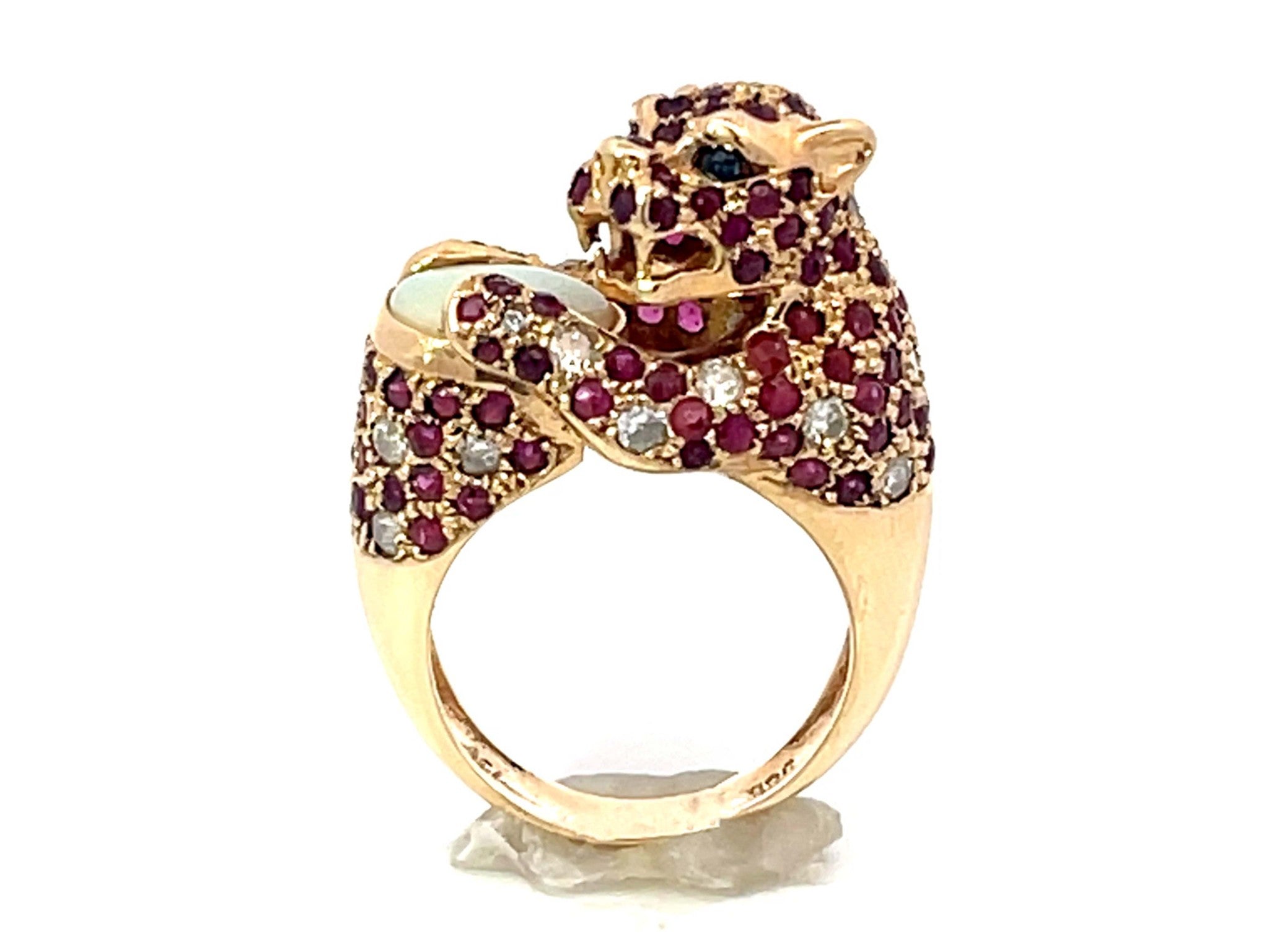Ruby Diamond Opal and Sapphire Jaguar Ring in 14k Yellow Gold