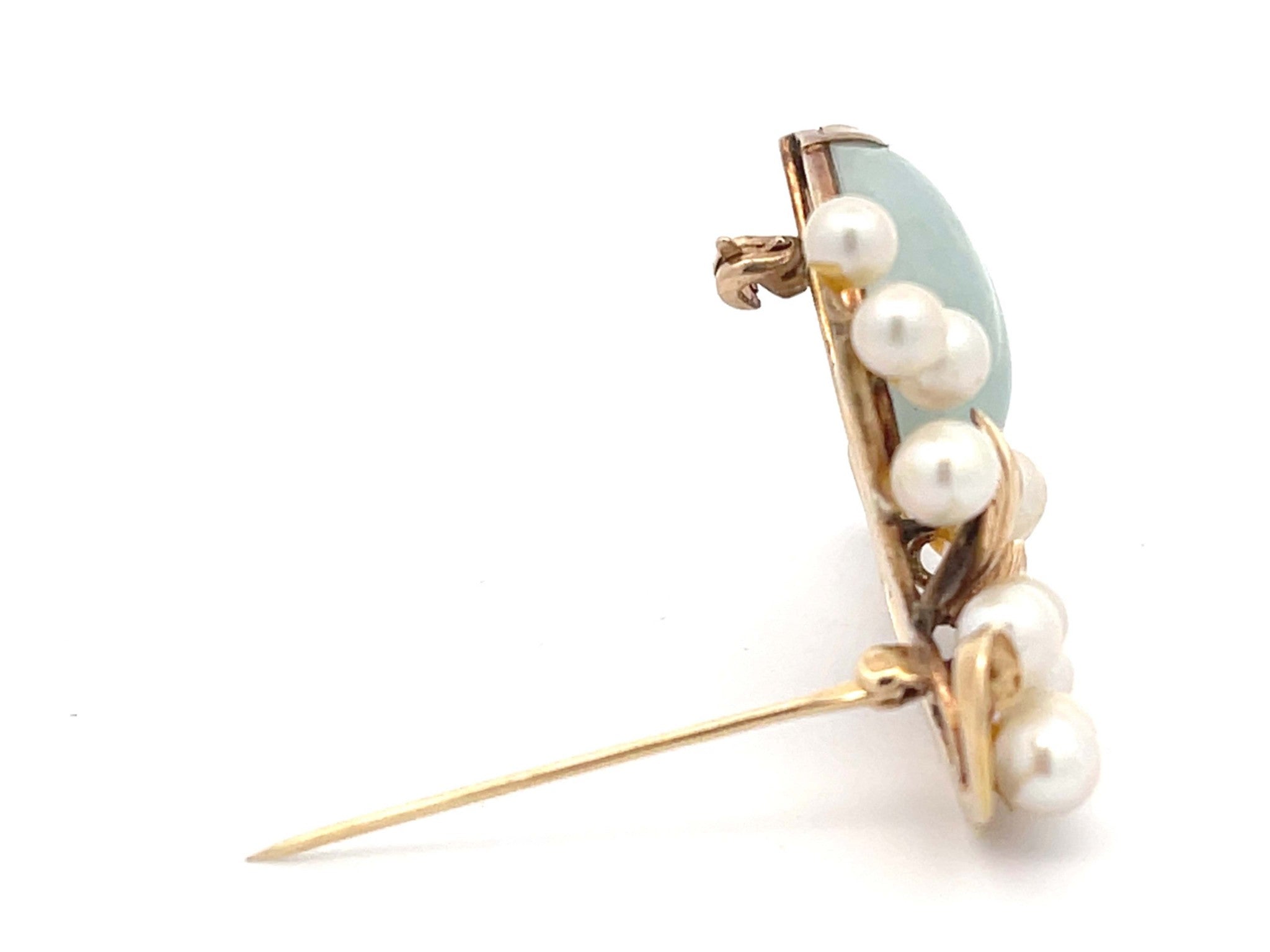 Mings Jade and Pearls Leaf Branch Brooch in 14k Yellow Gold