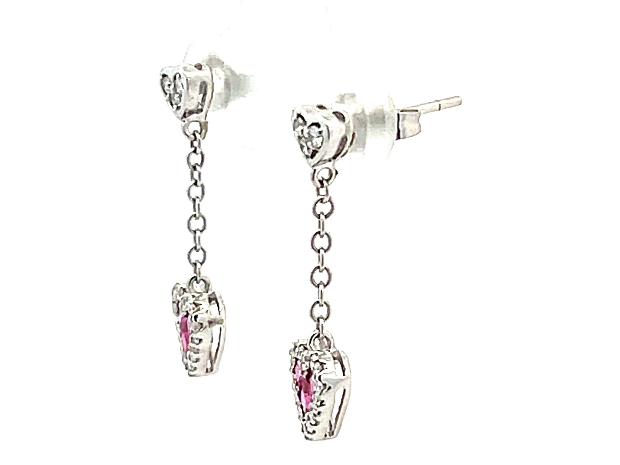 Ruby Heart Diamond Dangling Earrings in 14k White Gold