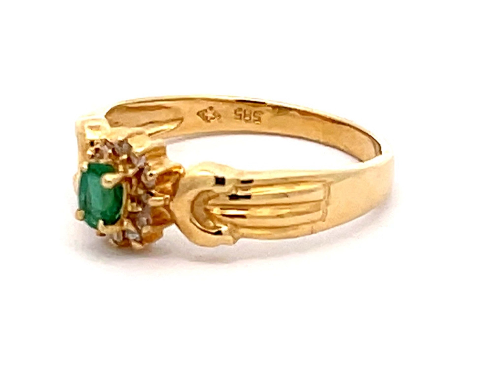 Vintage Green Oval Emerald and Diamond Halo Ring in 14k Yellow Gold