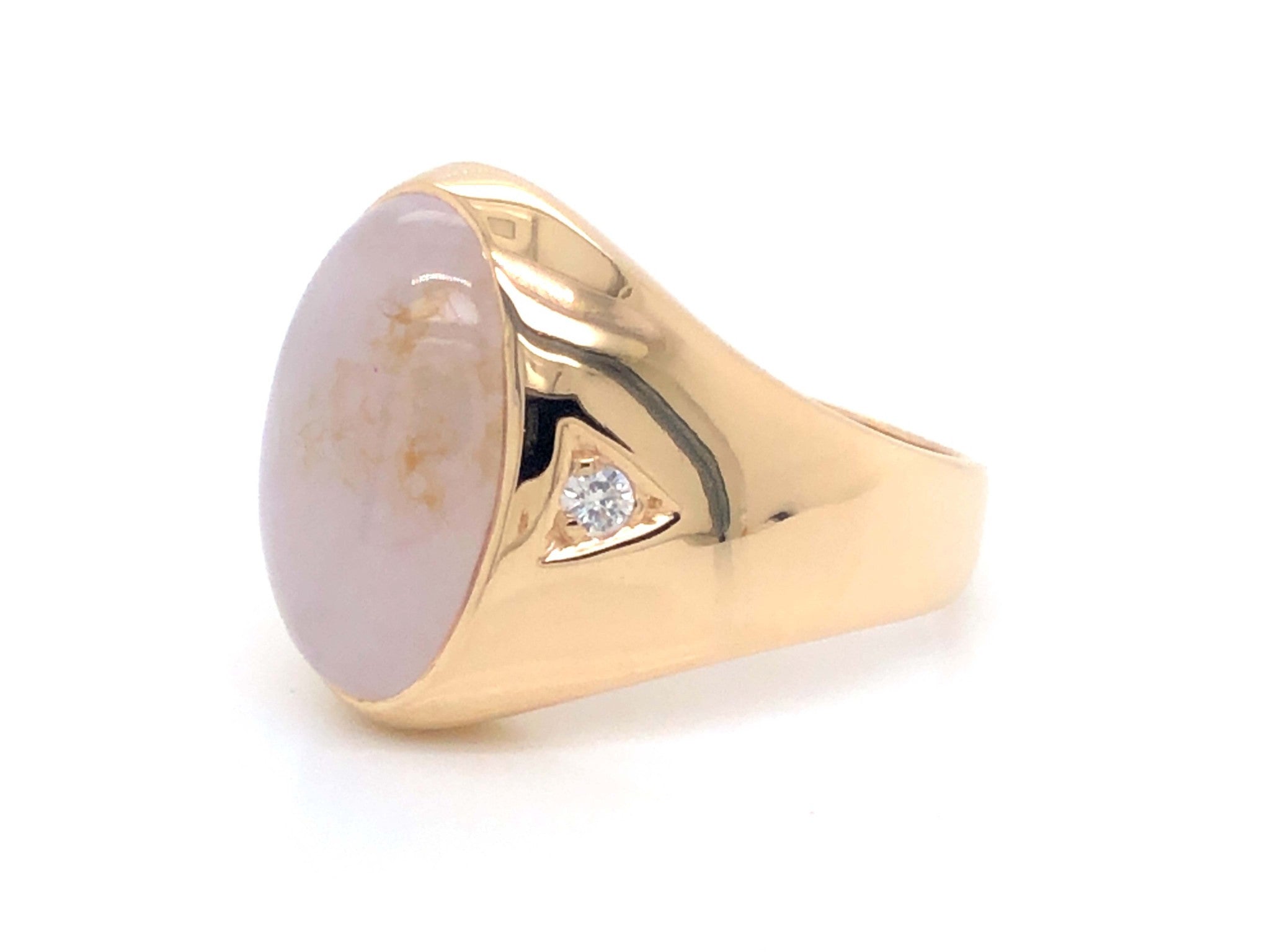 Men's Oval White Jade and Diamond Ring - 14k Yellow Gold