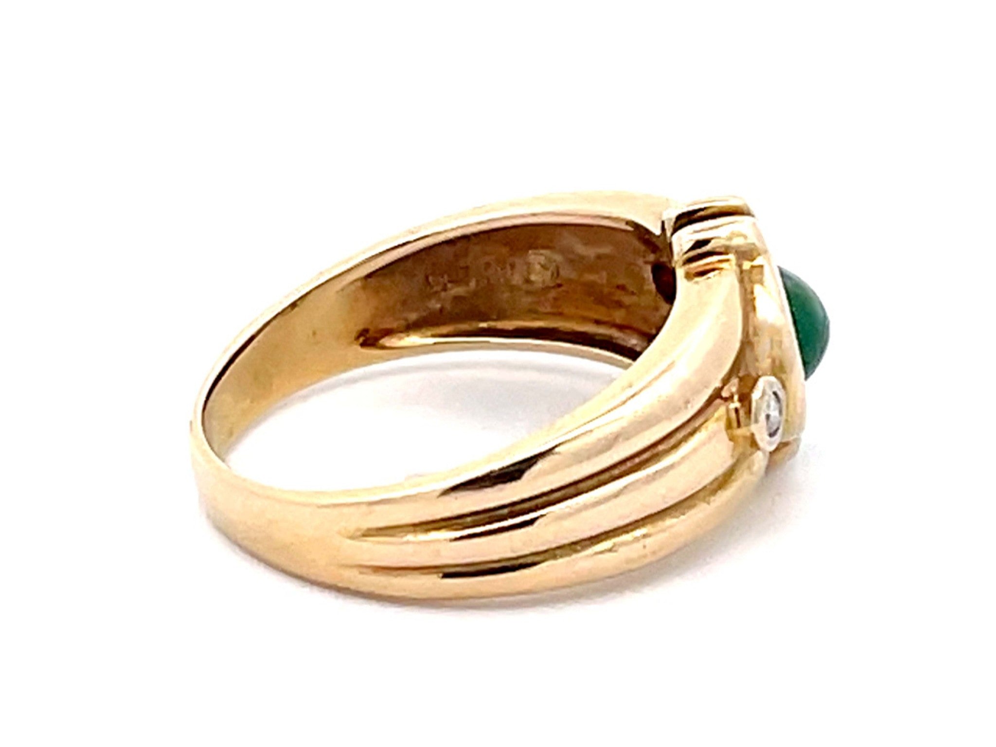 Oval Green Cabochon Emerald and Diamond Ring in 14k Yellow Gold