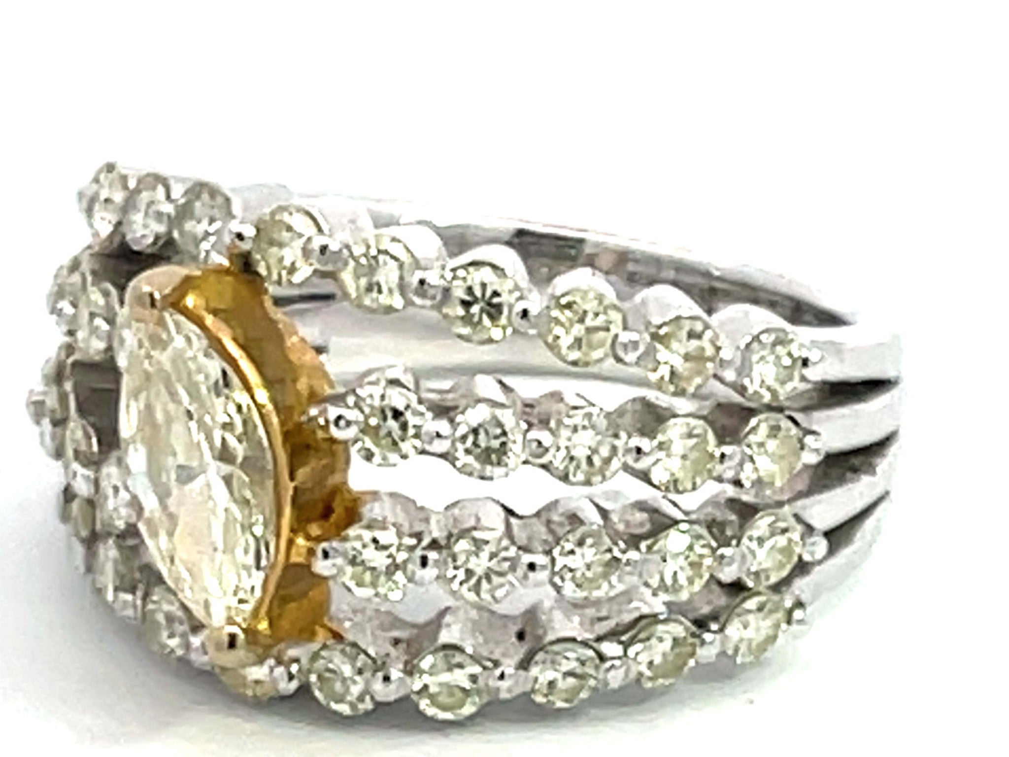 Four Row Diamond Band with Yellow Marquise Diamond Center Ring in 18k White Gold