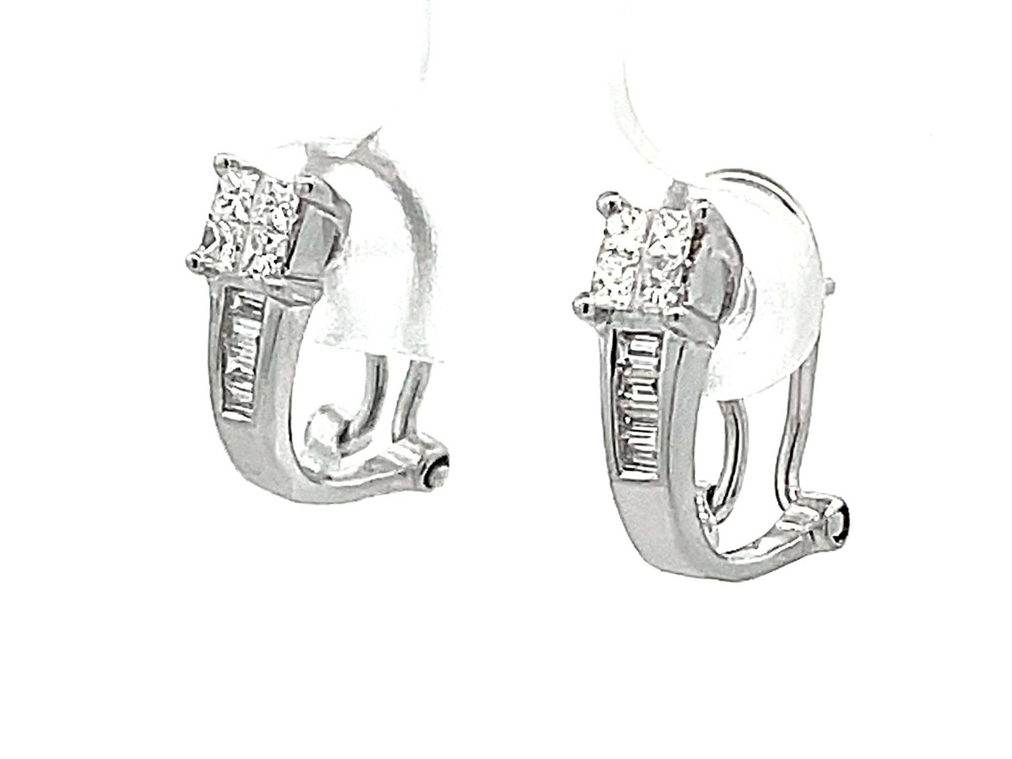 Princess Cut and Baguette Diamond Huggie Earrings in 18K White Gold 