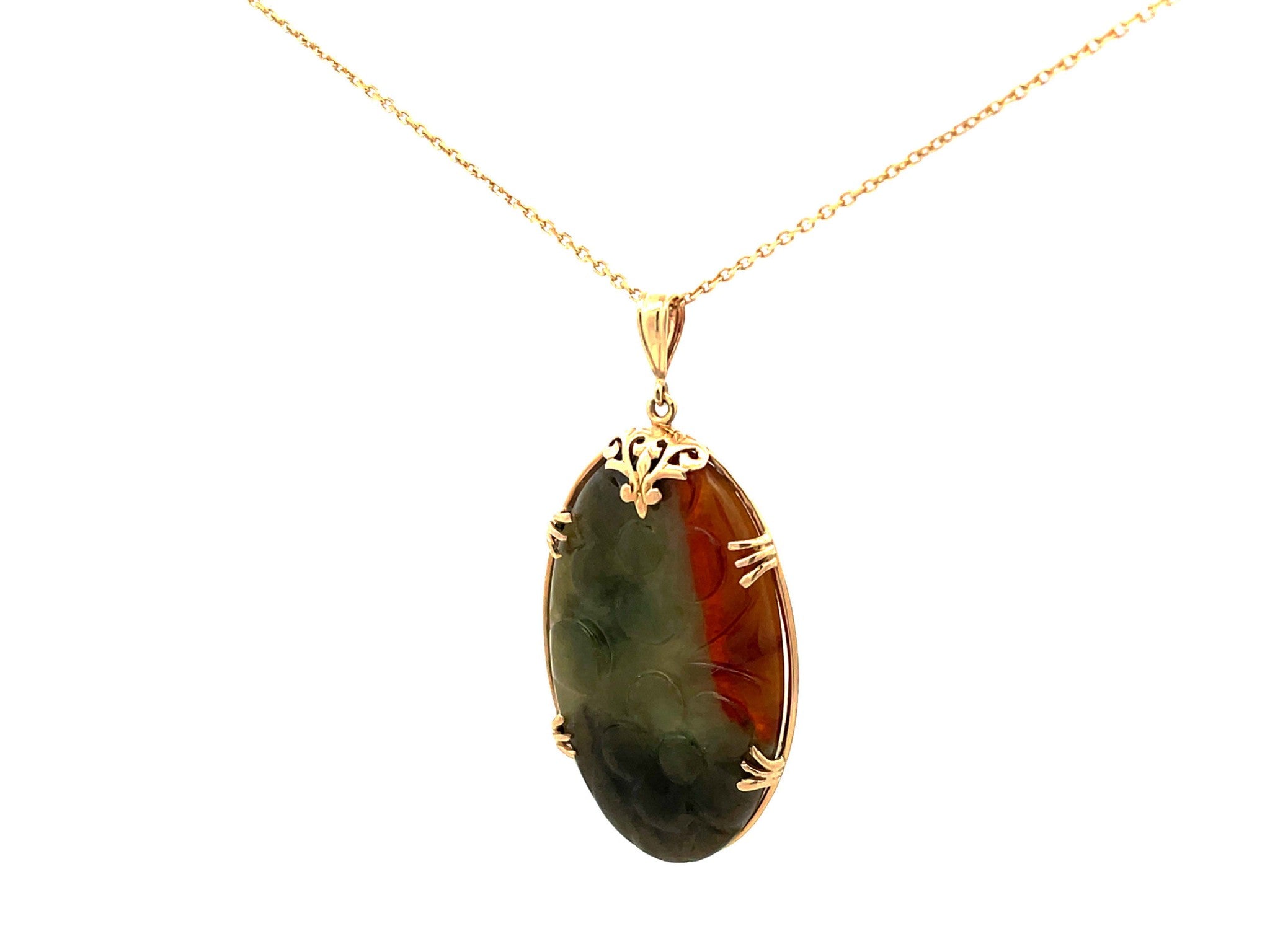 Mings Hawaii Carved Green and Red Oval Jade Pendant and Chain in 14k Yellow Gold
