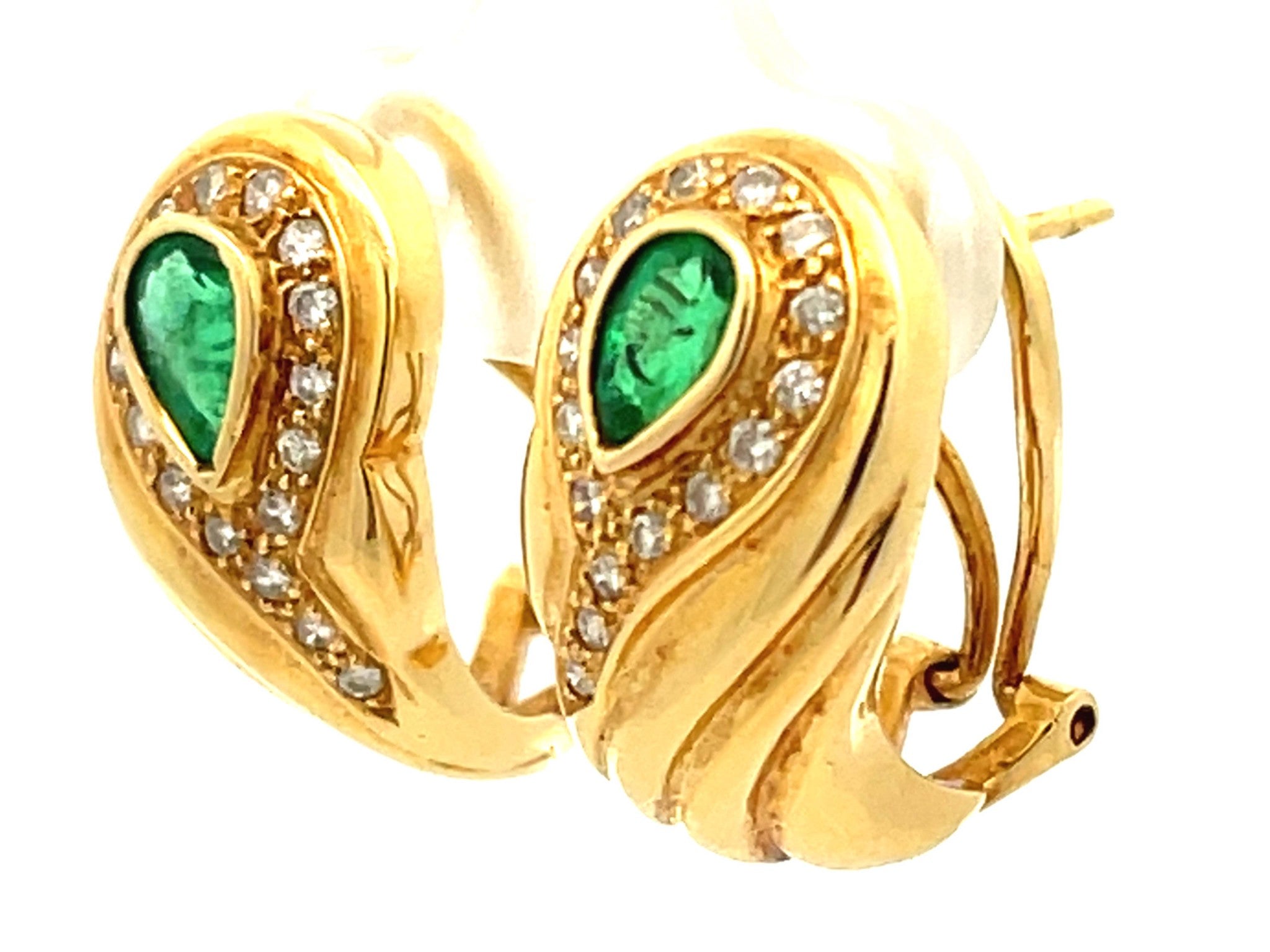 Pear Shaped Emerald and Diamond Huggie Earrings in 18k Yellow Gold
