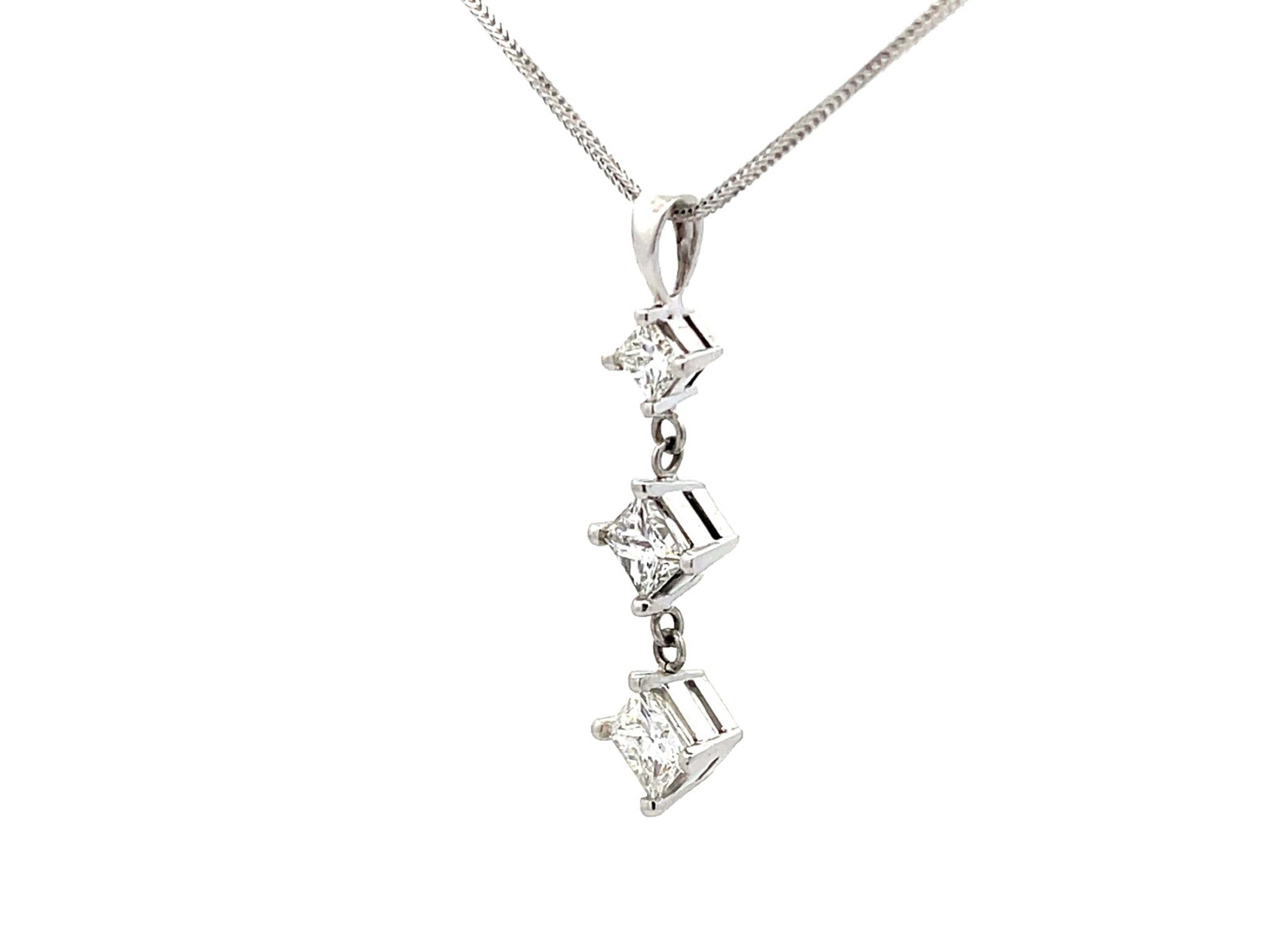 1.5 Carat Three Princess Cut Diamond Drop Necklace in 14k White Gold