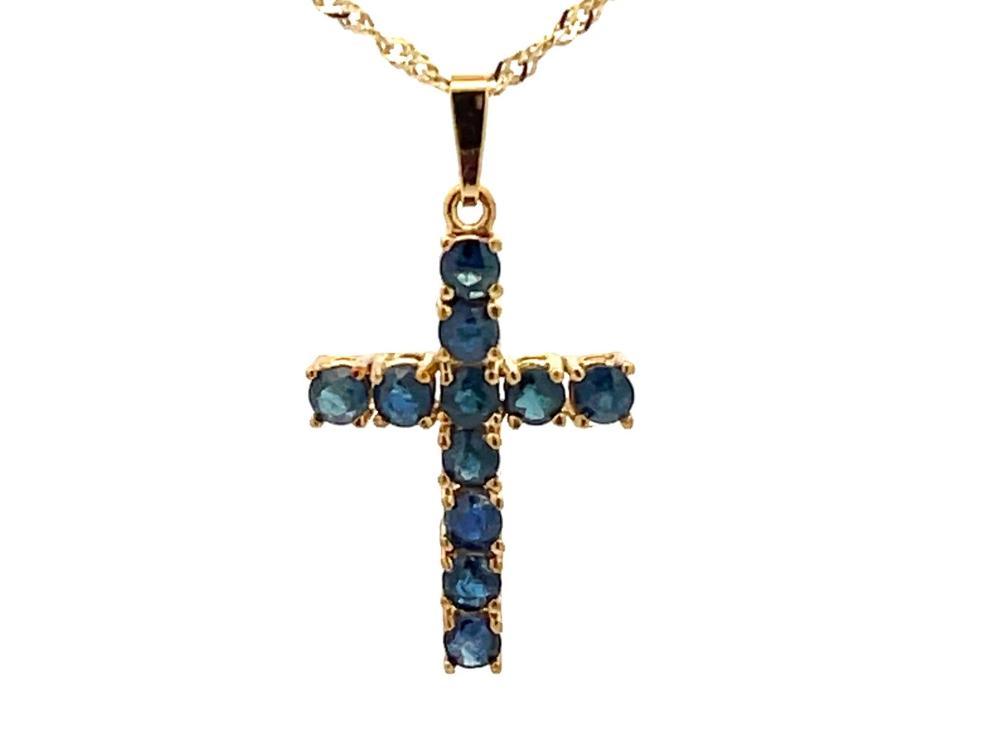 Sapphire Cross Pendant and Disco Chain 14k Yellow Gold