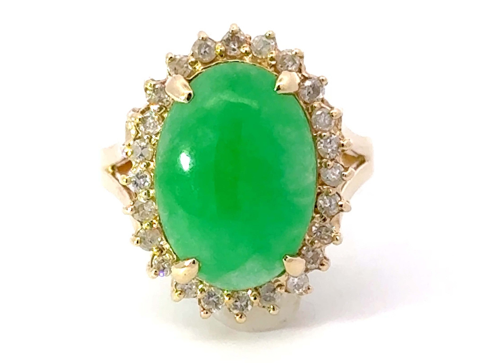 Green Jade Cabochon Diamond Halo Ring 14k Yellow Gold