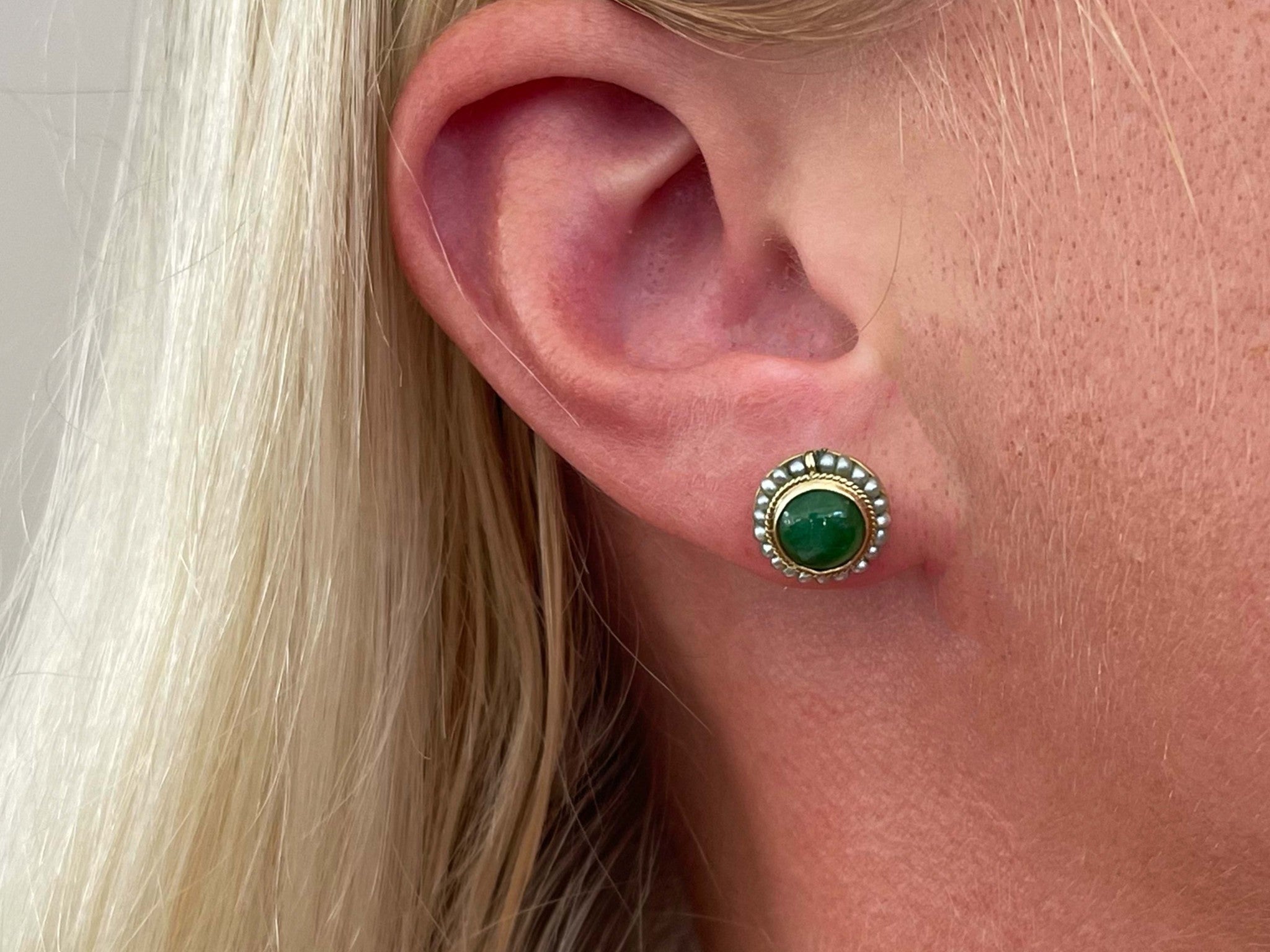 GIA Jadeite Jade Grade A Pearl Halo Stud Earrings 14k Yellow Gold