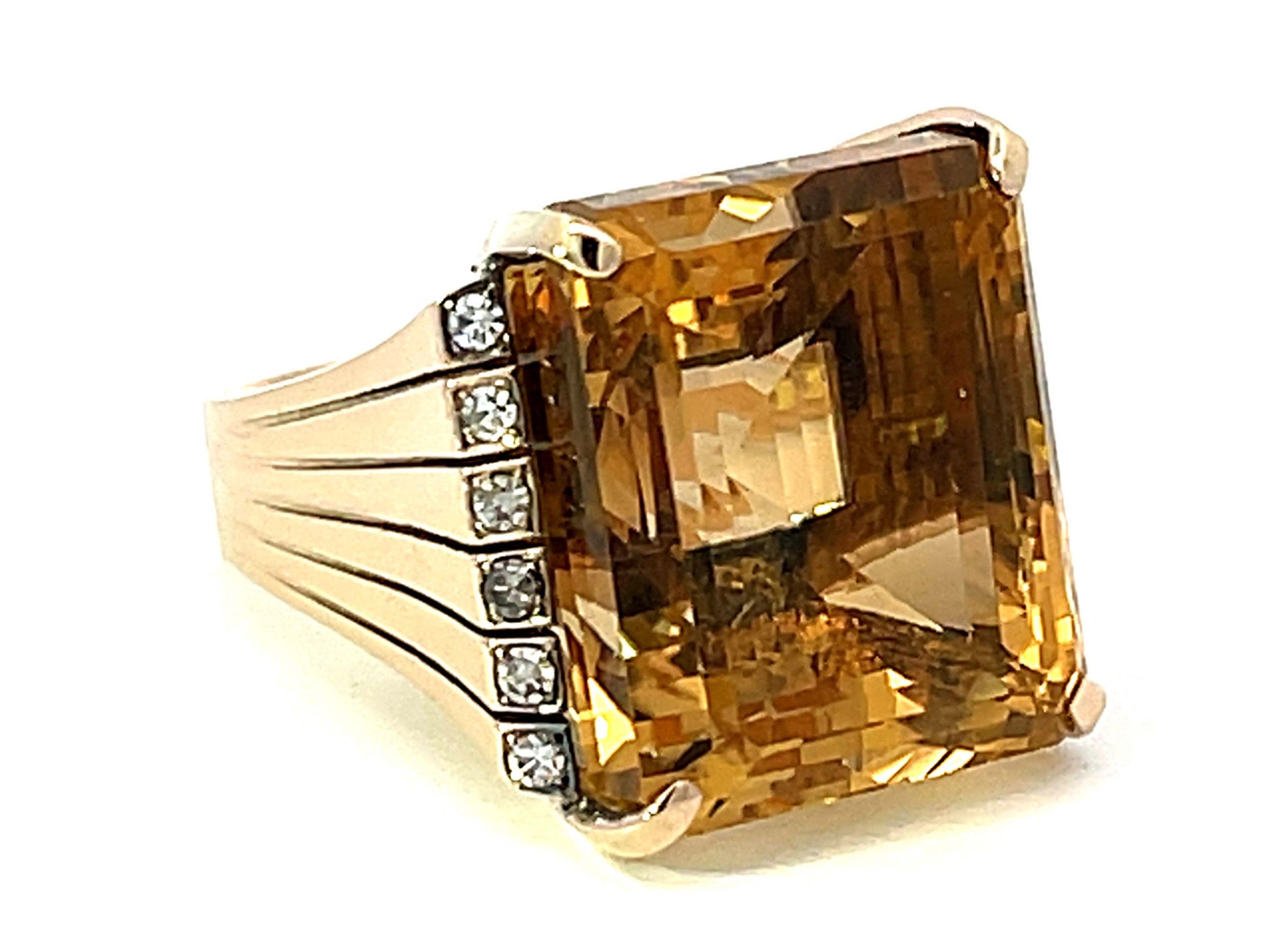 Large 43 Carat Yellow Topaz Emerald Step Cut and Diamond Ring in 14k Yellow Gold
