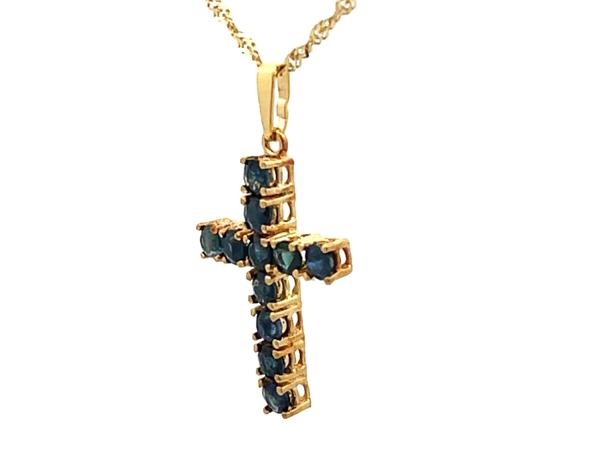 Sapphire Cross Pendant and Disco Chain 14k Yellow Gold