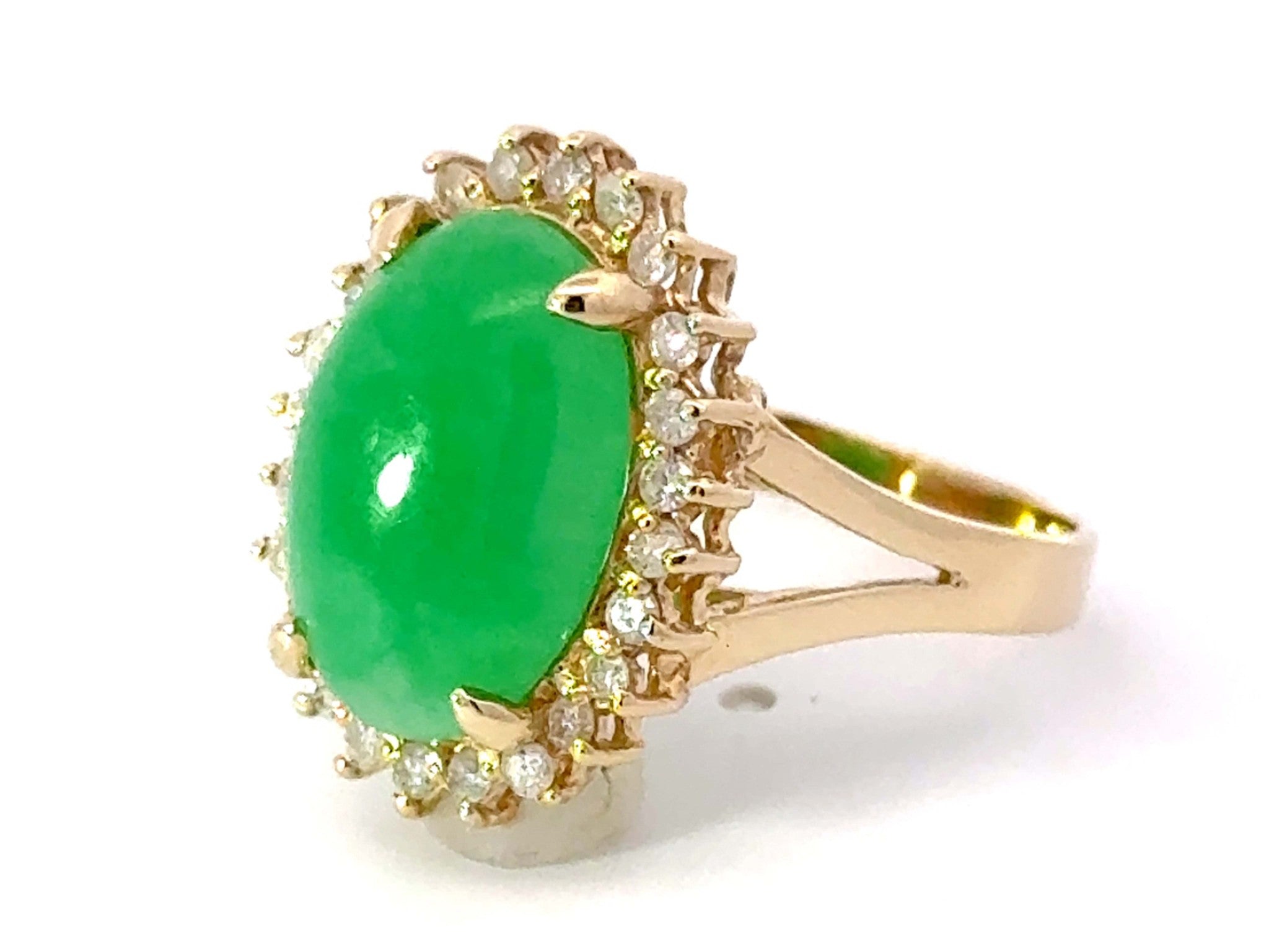Green Jade Cabochon Diamond Halo Ring 14k Yellow Gold