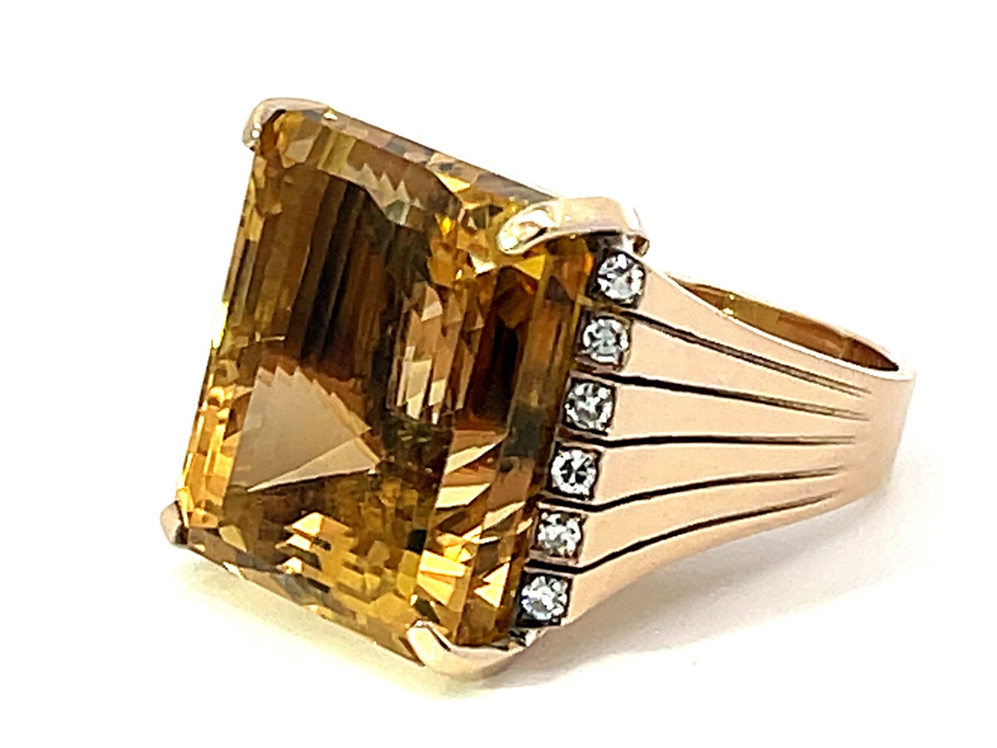 Large 43 Carat Yellow Topaz Emerald Step Cut and Diamond Ring in 14k Yellow Gold