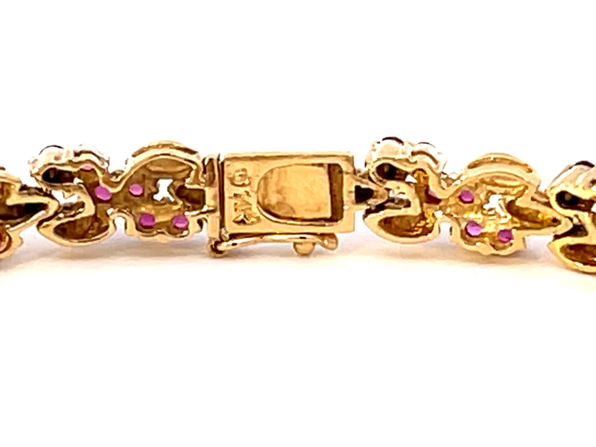 Round Red Ruby Gold Link Bracelet in 14k Yellow Gold