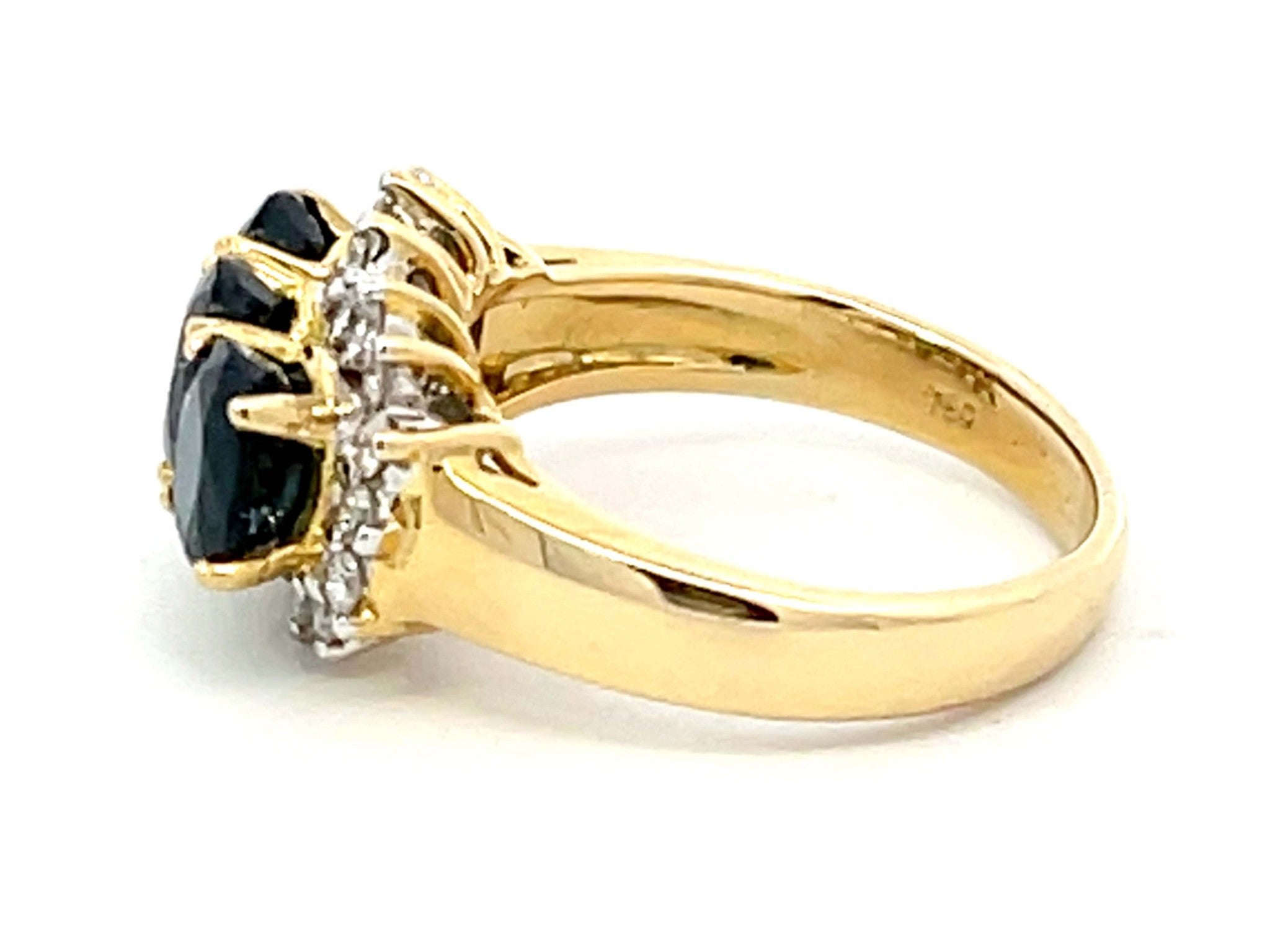 Three Oval Blue Sapphire and Diamond Ring in 18K Yellow Gold