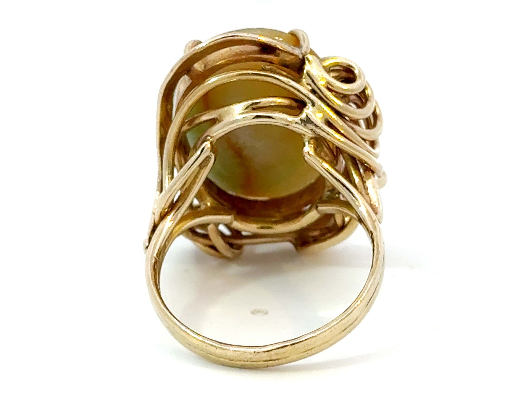 Oval Pale Green and Brown Jade Ring 14k Yellow Gold
