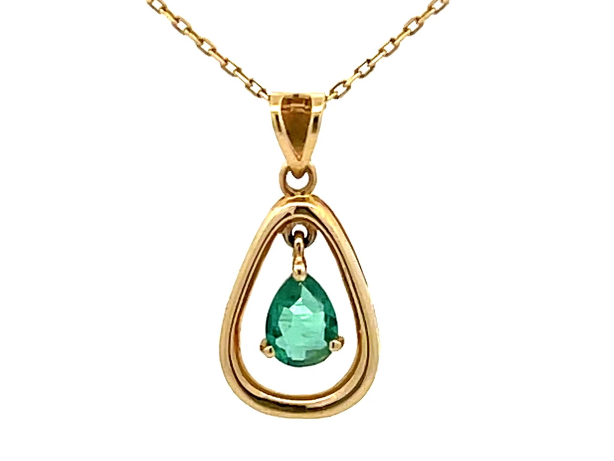 Dangly Pear Shaped Emerald Necklace 14K Yellow Gold
