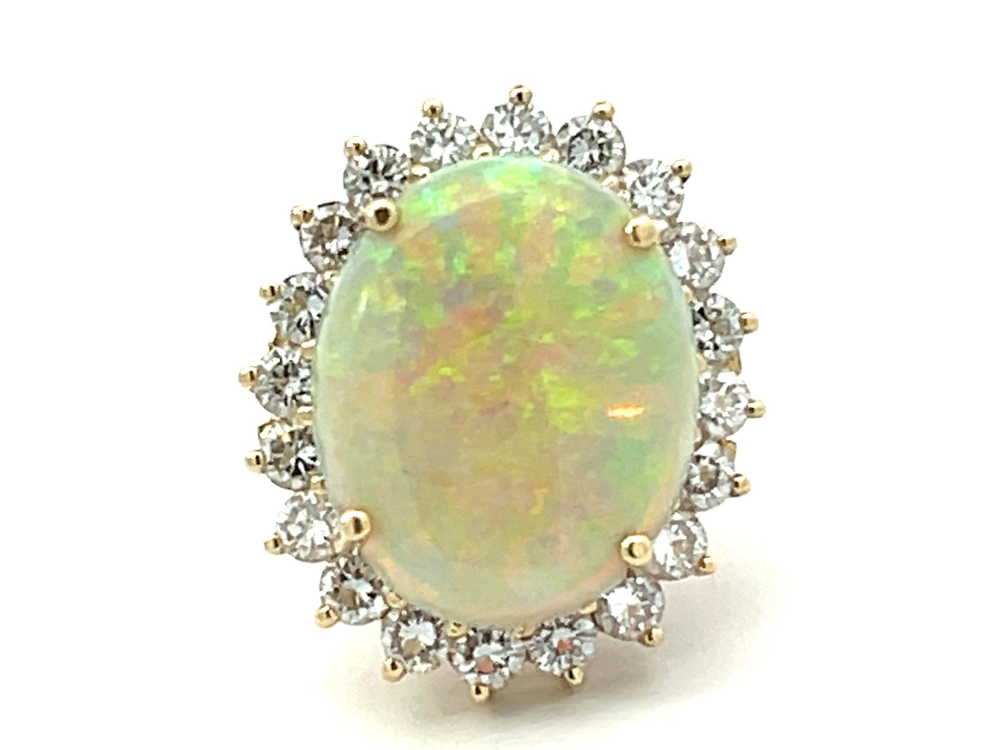 10 Carat Opal and 2 Carat Diamond Halo Ring 14k Yellow Gold