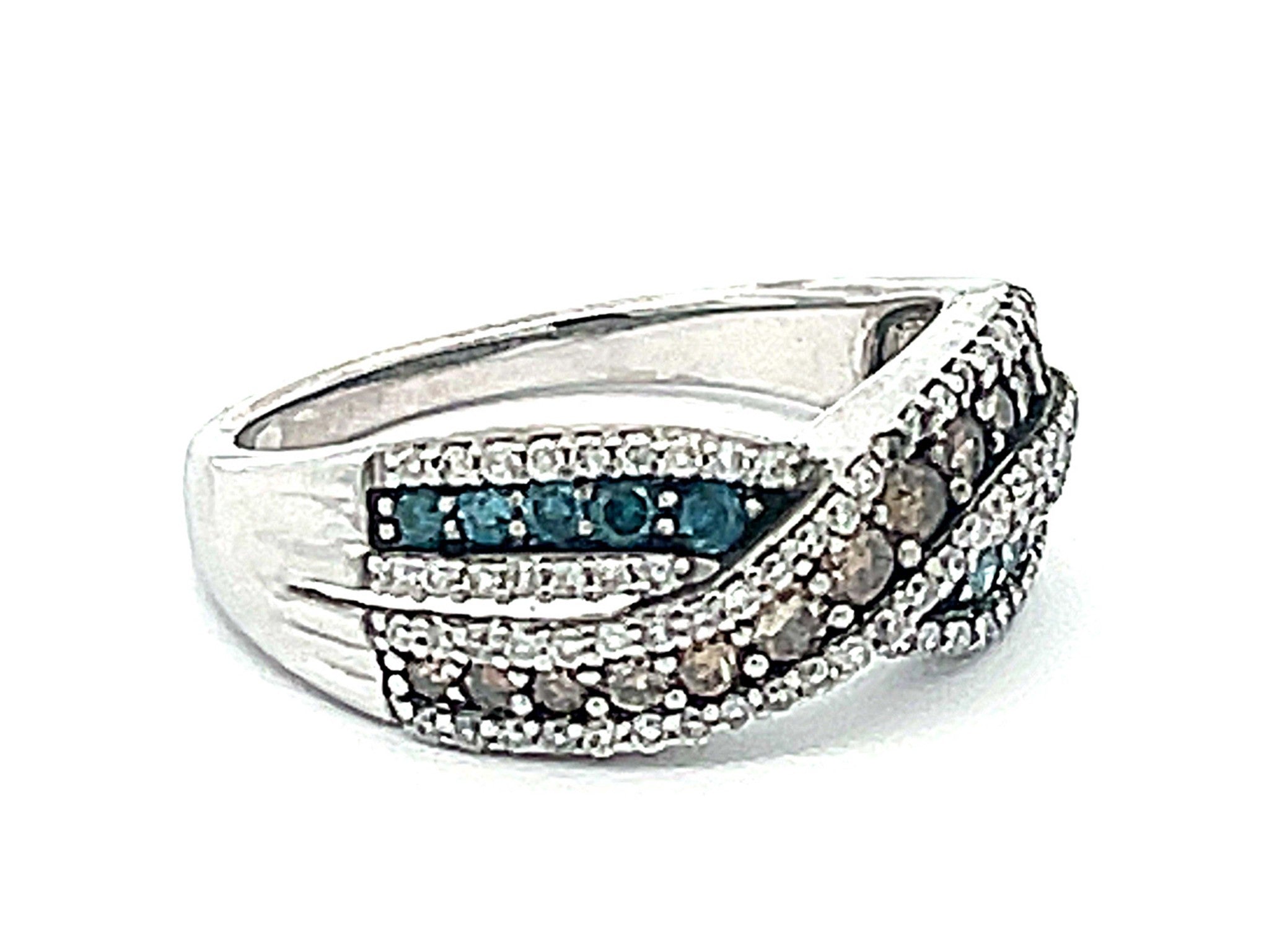 Blue, Chocolate and White Diamond Band Ring in 14k White Gold