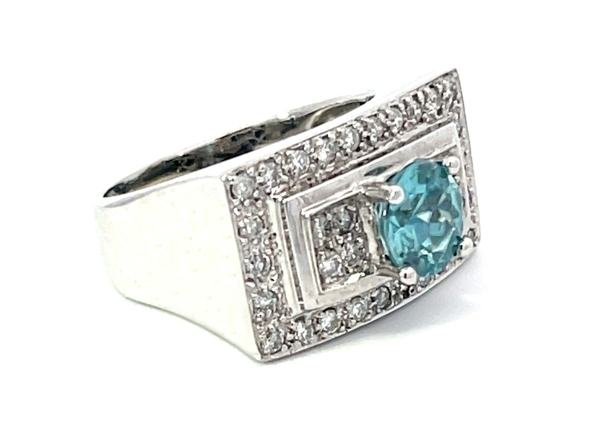 Natural Blue Zircon and Diamond Rectangular Ring in Platinum