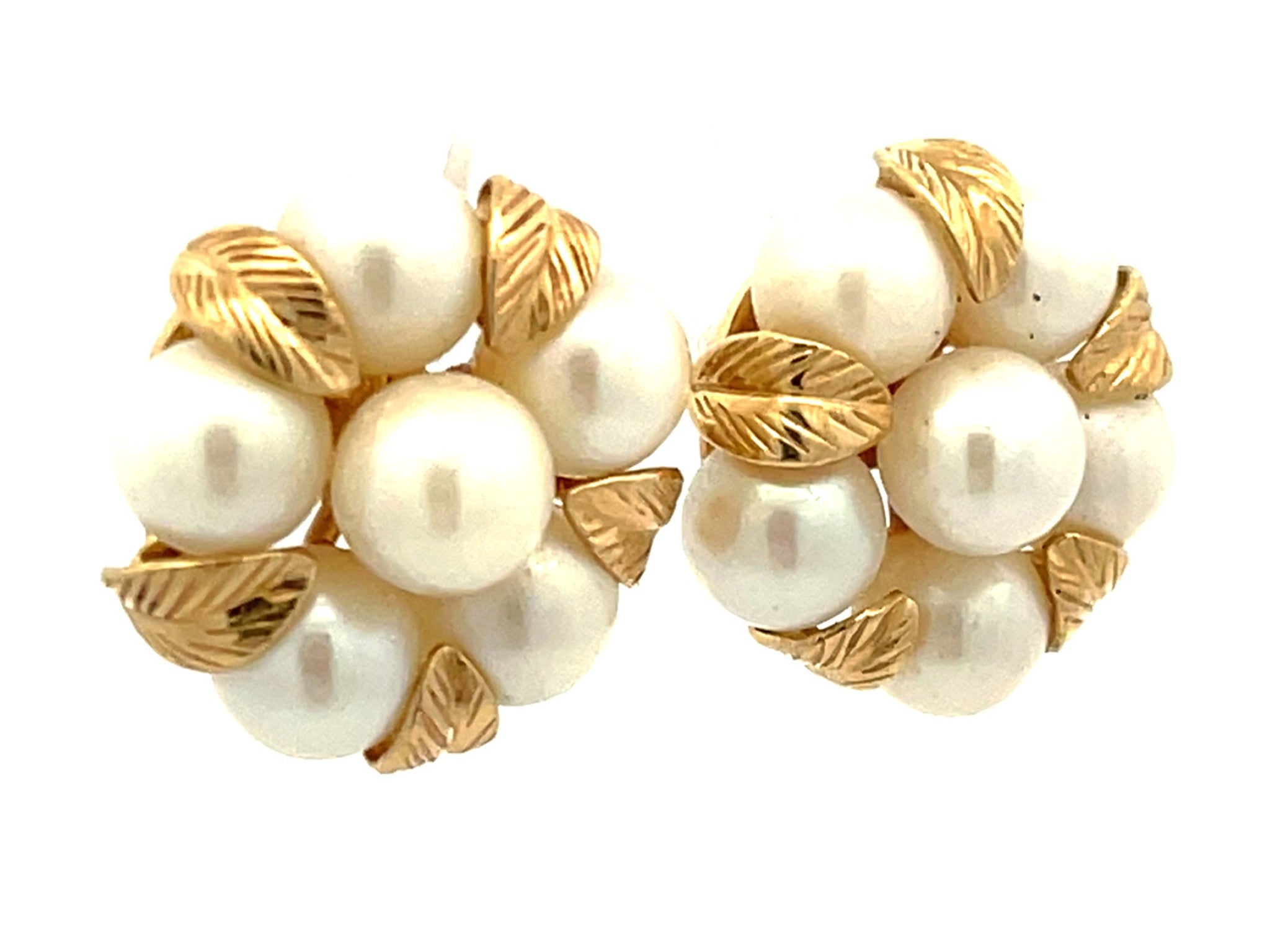 Mings Pearl Flower and Gold Leaf Earrings in 14k Yellow Gold