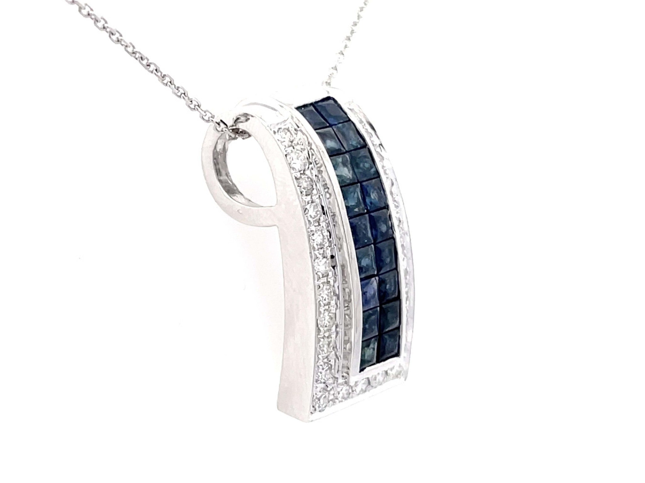 Diamond Sapphire Rectangular Pendant and Chain in 14k White Gold