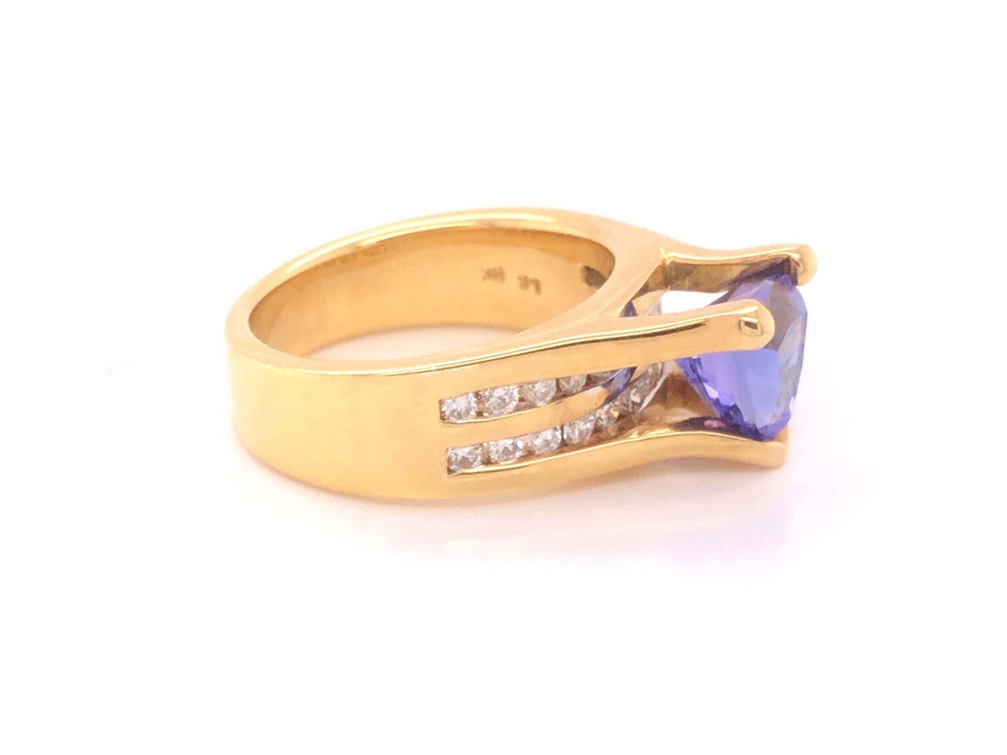 Blue Purple Trilliant Tanzanite and Diamond Ring-18k Yellow Gold