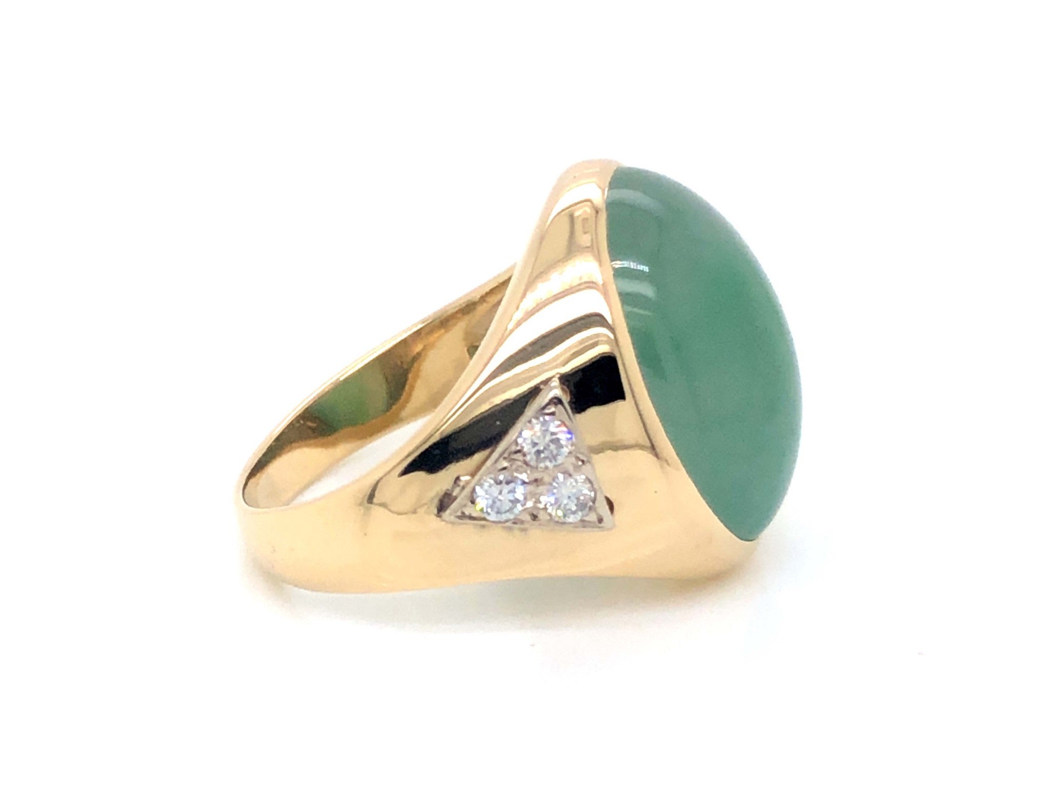 Men's Oval Green Water Jade and 6 Diamond Ring - 14k Yellow Gold