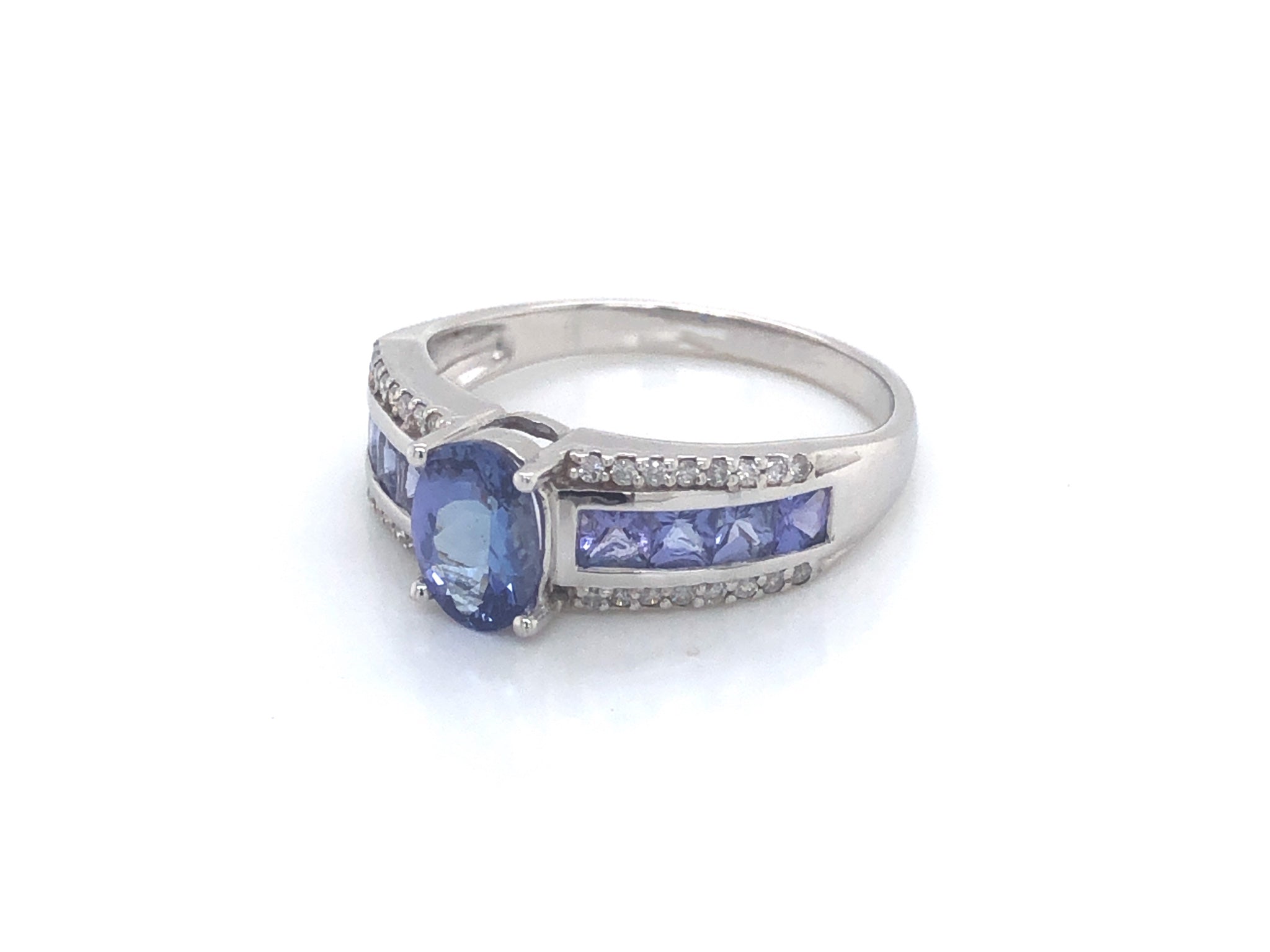Purple Blue Tanzanite and Diamond Ring-14k White Gold