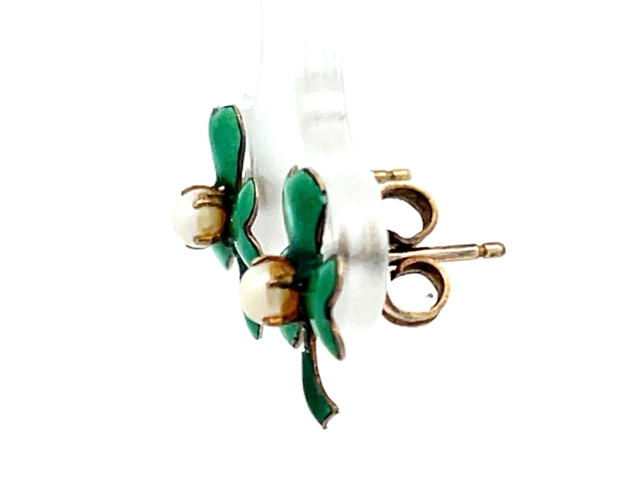 3 Leaf Clover and Pearl Green Enamel Earrings in 14k Gold