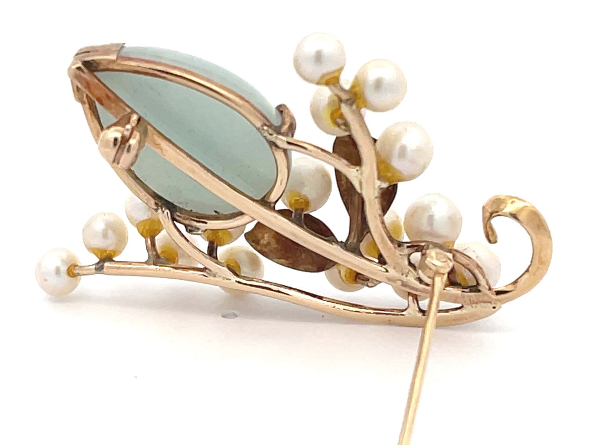 Mings Jade and Pearls Leaf Branch Brooch in 14k Yellow Gold