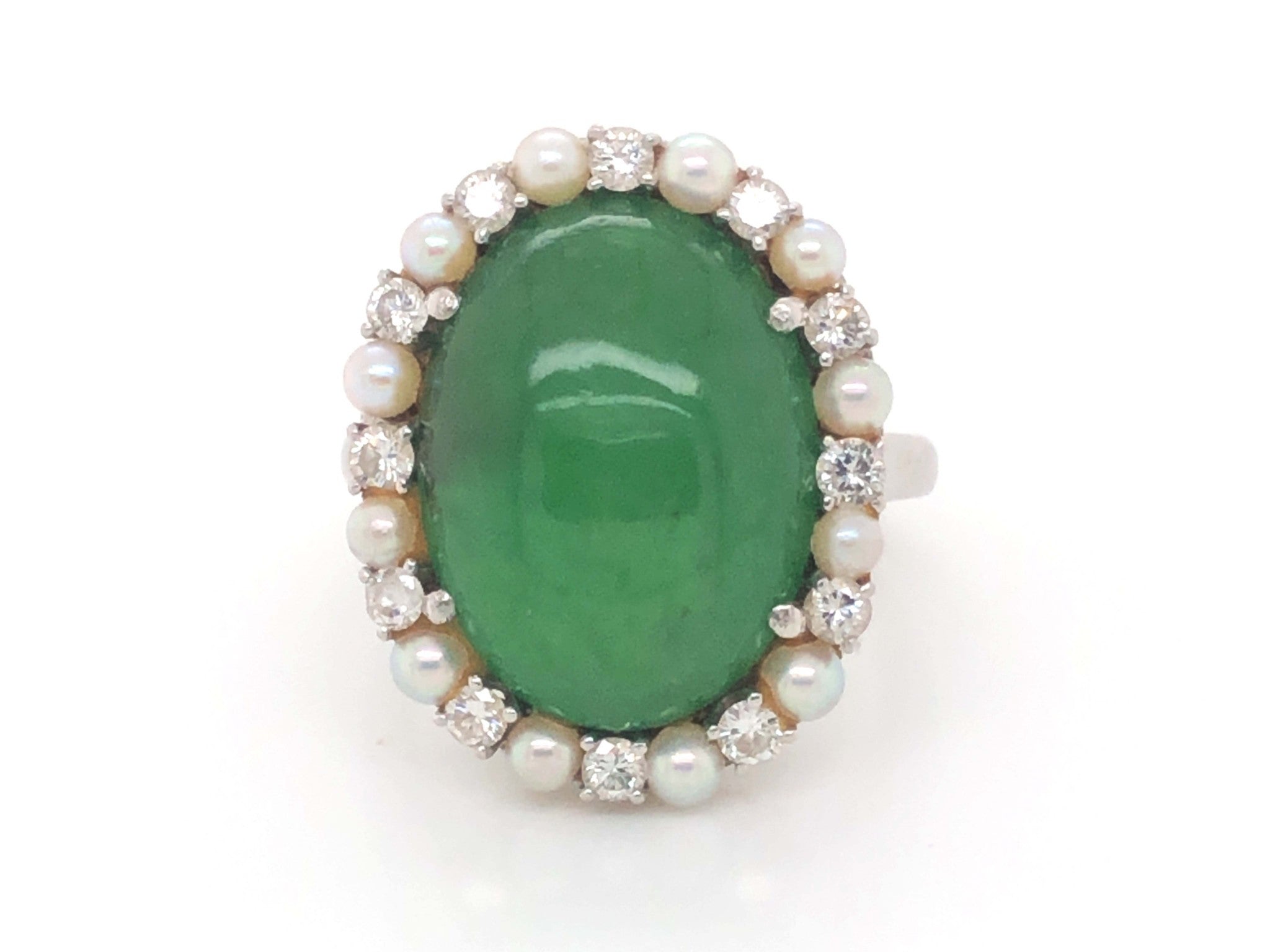 Vintage Oval Cabochon Green Jadeite Jade Pearl and Diamond Ring in Platinum